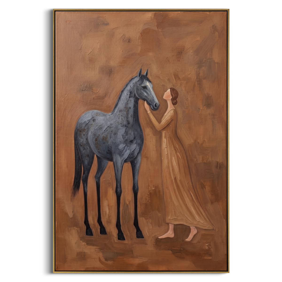 Soft Soft Woman and Horse focuses on a quiet woman standing on a dark horse in a restrained field. The composition keeps the principal subject clearly separated from the painted field, so the eye can follow the specific gesture, silhouette, garment, fur, petal, ridge, or river visible in this artwork. Its color relationships move between blue, red, and white, with lighter passages opening the focal area and deeper strokes giving the forms weight. Palette-knife edges, impasto ridges, broken brush