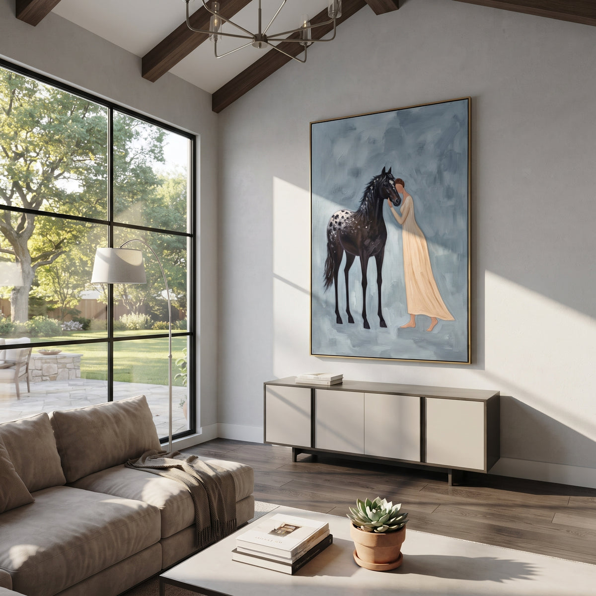 Playful Soft Woman and Horse focuses on a quiet woman standing on a dark horse in a restrained field. The composition keeps the principal subject clearly separated from the painted field, so the eye can follow the specific gesture, silhouette, garment, fur, petal, ridge, or river visible in this artwork. Its color relationships move between beige, black, and blue, with lighter passages opening the focal area and deeper strokes giving the forms weight. Palette-knife edges, impasto ridges, broken