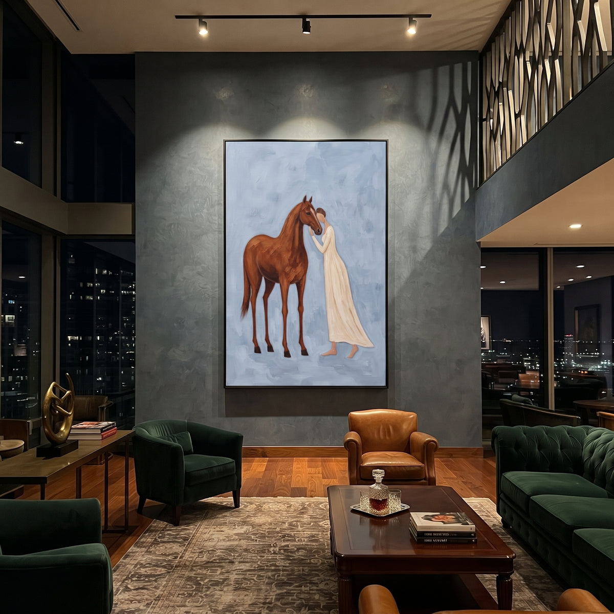 Distant Soft Woman and Horse focuses on a quiet woman standing on a dark horse in a restrained field. The composition keeps the principal subject clearly separated from the painted field, so the eye can follow the specific gesture, silhouette, garment, fur, petal, ridge, or river visible in this artwork. Its color relationships move between purple, green, and white, with lighter passages opening the focal area and deeper strokes giving the forms weight. Palette-knife edges, impasto ridges