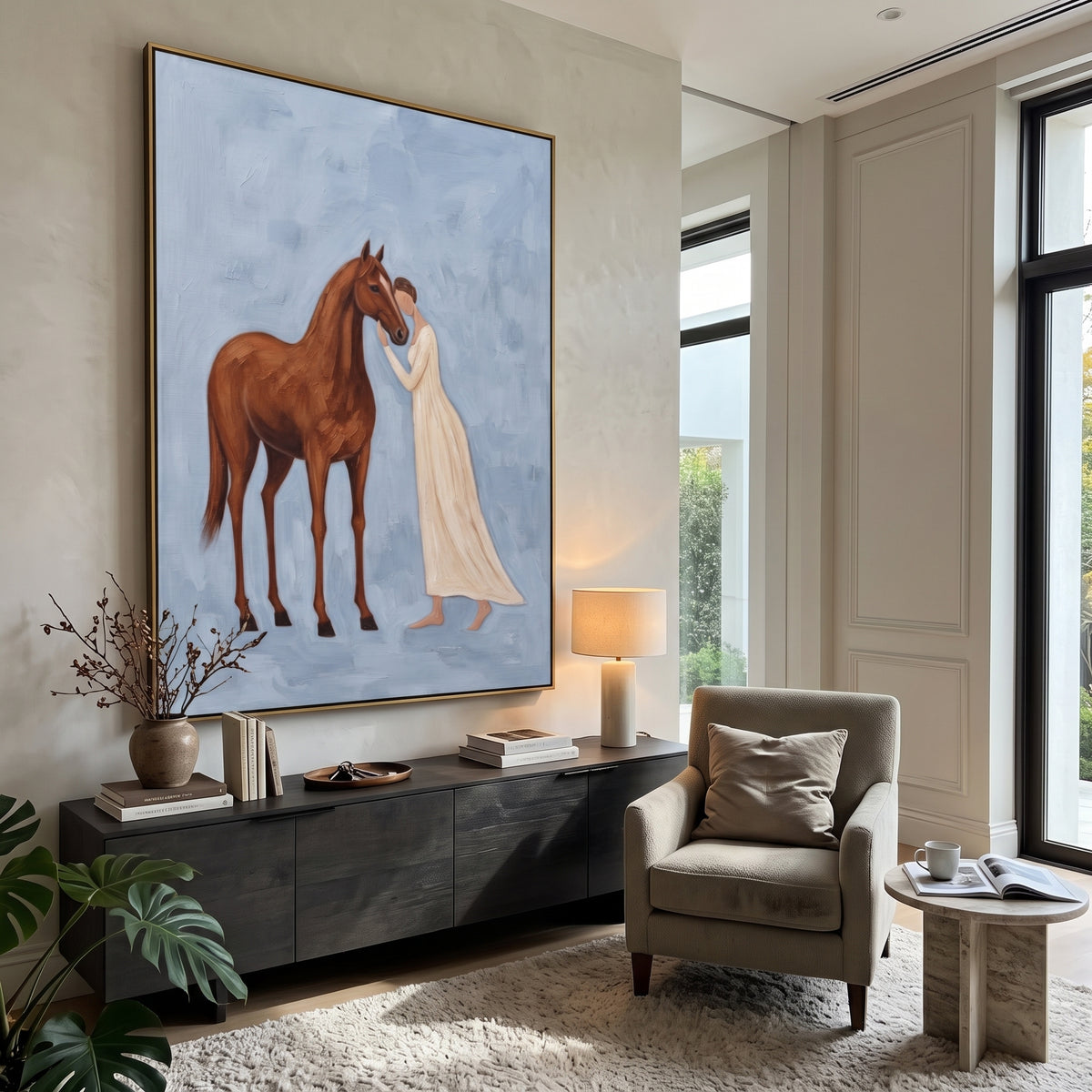 Distant Soft Woman and Horse focuses on a quiet woman standing on a dark horse in a restrained field. The composition keeps the principal subject clearly separated from the painted field, so the eye can follow the specific gesture, silhouette, garment, fur, petal, ridge, or river visible in this artwork. Its color relationships move between purple, green, and white, with lighter passages opening the focal area and deeper strokes giving the forms weight. Palette-knife edges, impasto ridges