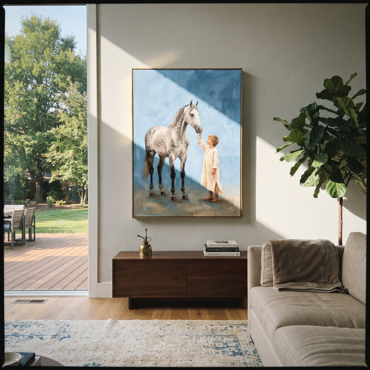 Gathered Soft Woman and Horse focuses on a quiet woman standing on a dark horse in a restrained field. The composition keeps the principal subject clearly separated from the painted field, so the eye can follow the specific gesture, silhouette, garment, fur, petal, ridge, or river visible in this artwork. Its color relationships move between blue, beige, and brown, with lighter passages opening the focal area and deeper strokes giving the forms weight. Palette-knife edges, impasto ridges, broken