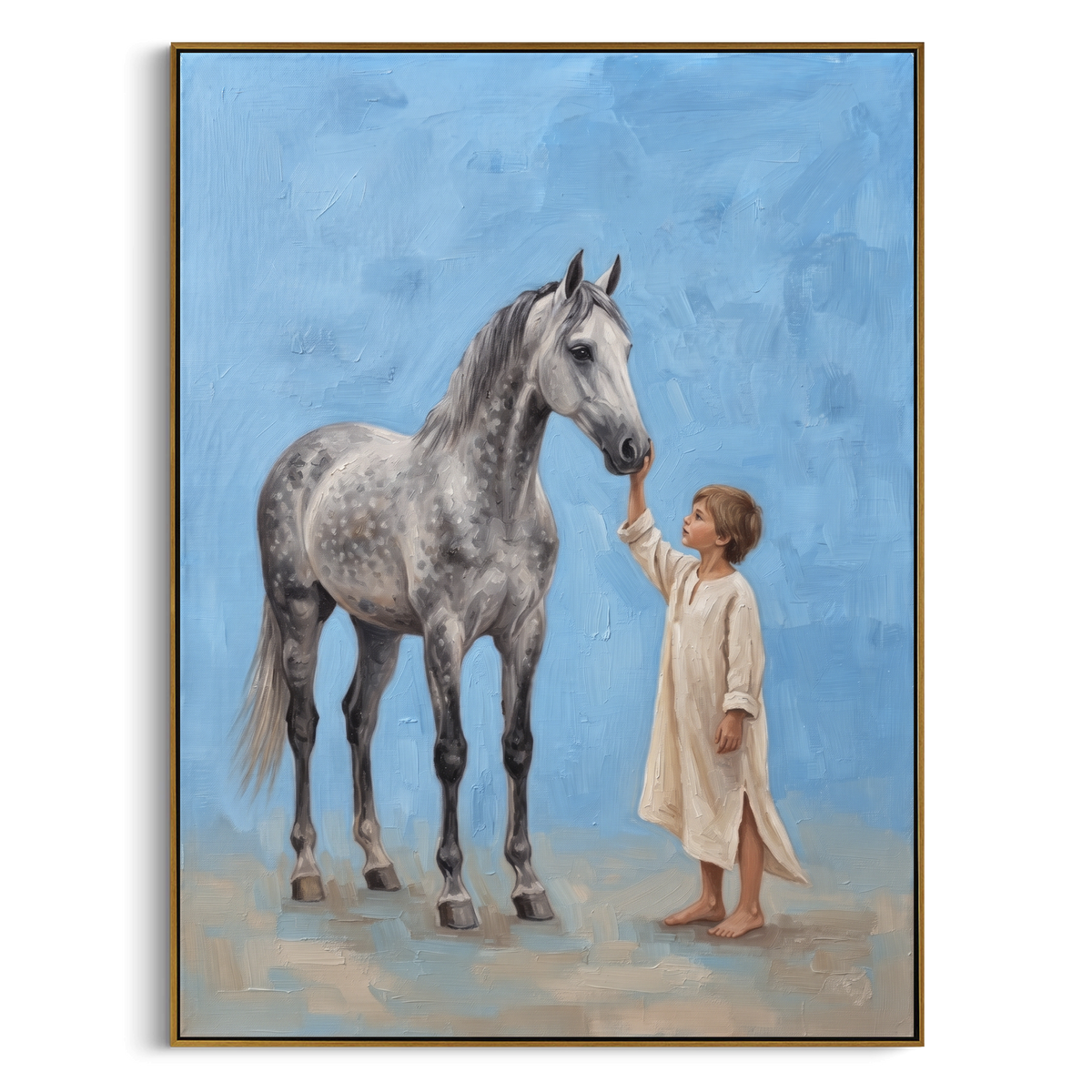 Gathered Soft Woman and Horse focuses on a quiet woman standing on a dark horse in a restrained field. The composition keeps the principal subject clearly separated from the painted field, so the eye can follow the specific gesture, silhouette, garment, fur, petal, ridge, or river visible in this artwork. Its color relationships move between blue, beige, and brown, with lighter passages opening the focal area and deeper strokes giving the forms weight. Palette-knife edges, impasto ridges, broken