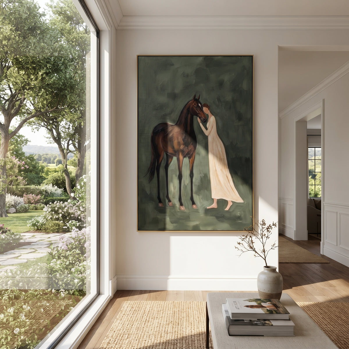 Warm Soft Woman and Horse focuses on a quiet woman standing on a dark horse in a restrained field. The composition keeps the principal subject clearly separated from the painted field, so the eye can follow the specific gesture, silhouette, garment, fur, petal, ridge, or river visible in this artwork. Its color relationships move between green, yellow, and beige, with lighter passages opening the focal area and deeper strokes giving the forms weight. Palette-knife edges, impasto ridges, broken