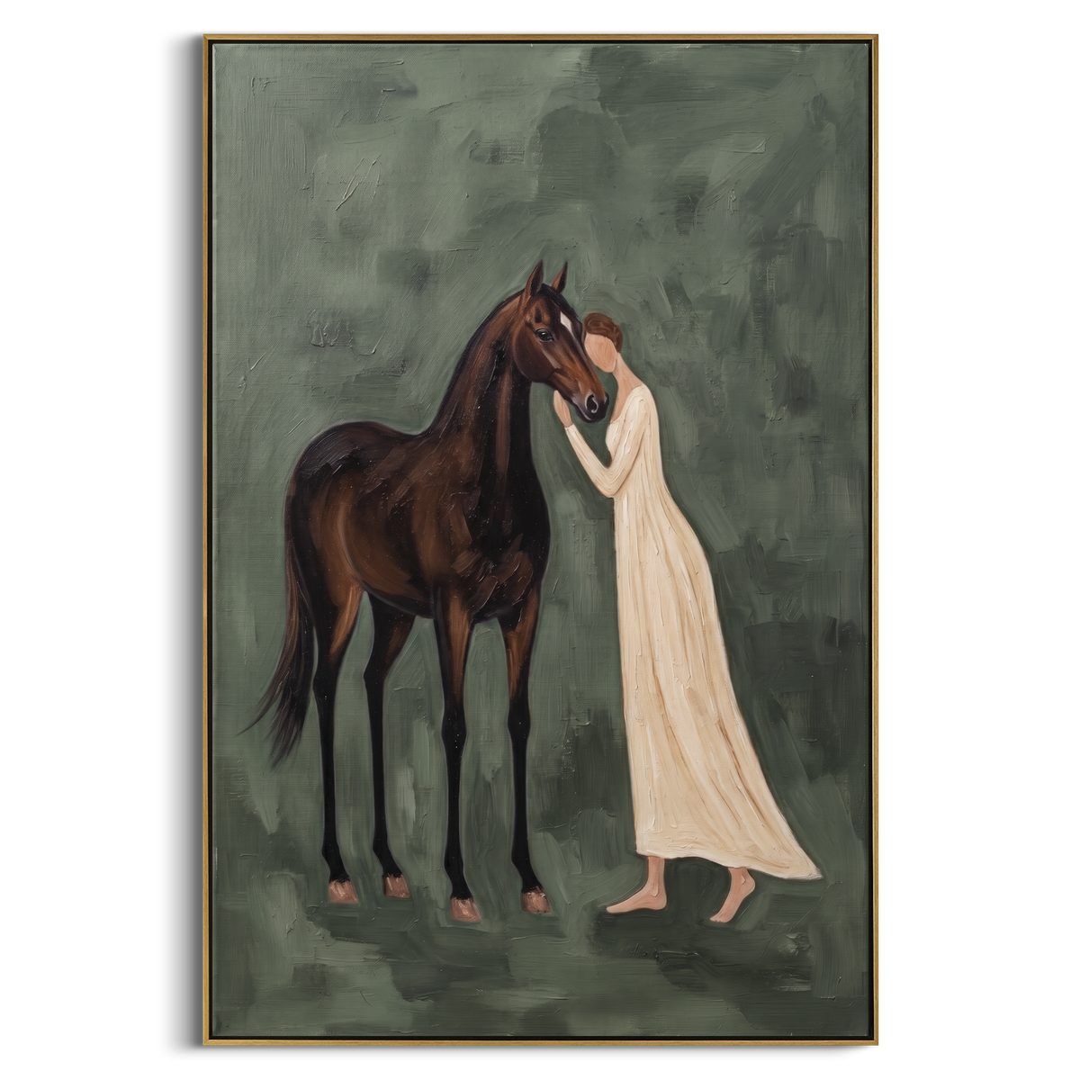 Warm Soft Woman and Horse focuses on a quiet woman standing on a dark horse in a restrained field. The composition keeps the principal subject clearly separated from the painted field, so the eye can follow the specific gesture, silhouette, garment, fur, petal, ridge, or river visible in this artwork. Its color relationships move between green, yellow, and beige, with lighter passages opening the focal area and deeper strokes giving the forms weight. Palette-knife edges, impasto ridges, broken