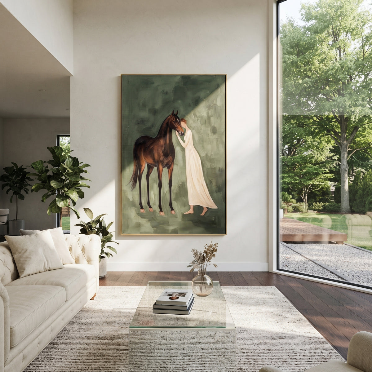 Warm Soft Woman and Horse focuses on a quiet woman standing on a dark horse in a restrained field. The composition keeps the principal subject clearly separated from the painted field, so the eye can follow the specific gesture, silhouette, garment, fur, petal, ridge, or river visible in this artwork. Its color relationships move between green, yellow, and beige, with lighter passages opening the focal area and deeper strokes giving the forms weight. Palette-knife edges, impasto ridges, broken