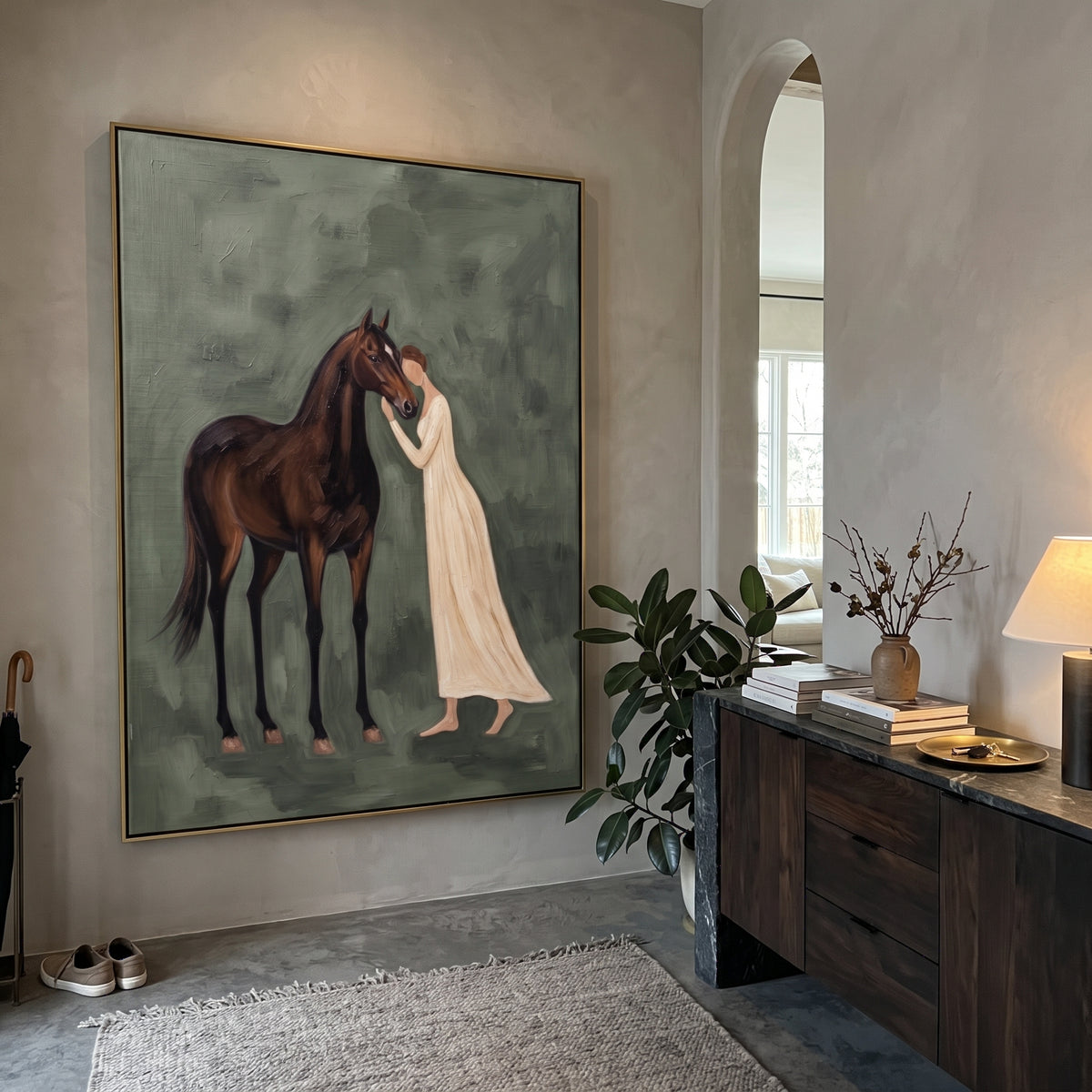 Warm Soft Woman and Horse focuses on a quiet woman standing on a dark horse in a restrained field. The composition keeps the principal subject clearly separated from the painted field, so the eye can follow the specific gesture, silhouette, garment, fur, petal, ridge, or river visible in this artwork. Its color relationships move between green, yellow, and beige, with lighter passages opening the focal area and deeper strokes giving the forms weight. Palette-knife edges, impasto ridges, broken