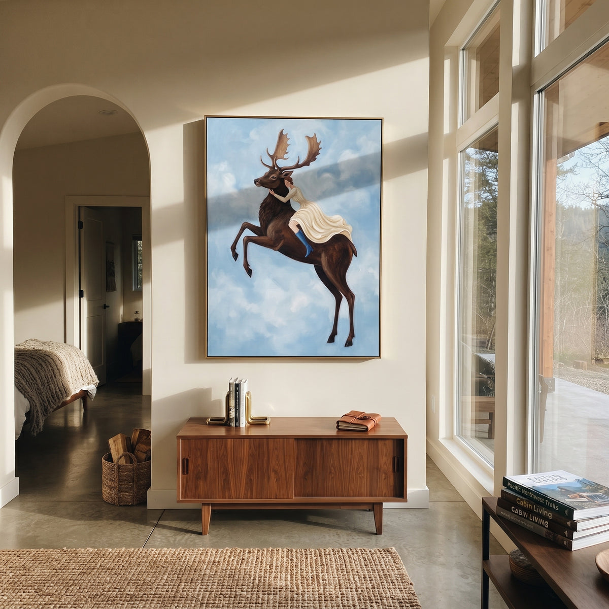 Open Soft Woman and Horse focuses on a quiet woman standing on a dark horse in a restrained field. The composition keeps the principal subject clearly separated from the painted field, so the eye can follow the specific gesture, silhouette, garment, fur, petal, ridge, or river visible in this artwork. Its color relationships move between orange, black, and beige, with lighter passages opening the focal area and deeper strokes giving the forms weight. Palette-knife edges, impasto ridges, broken