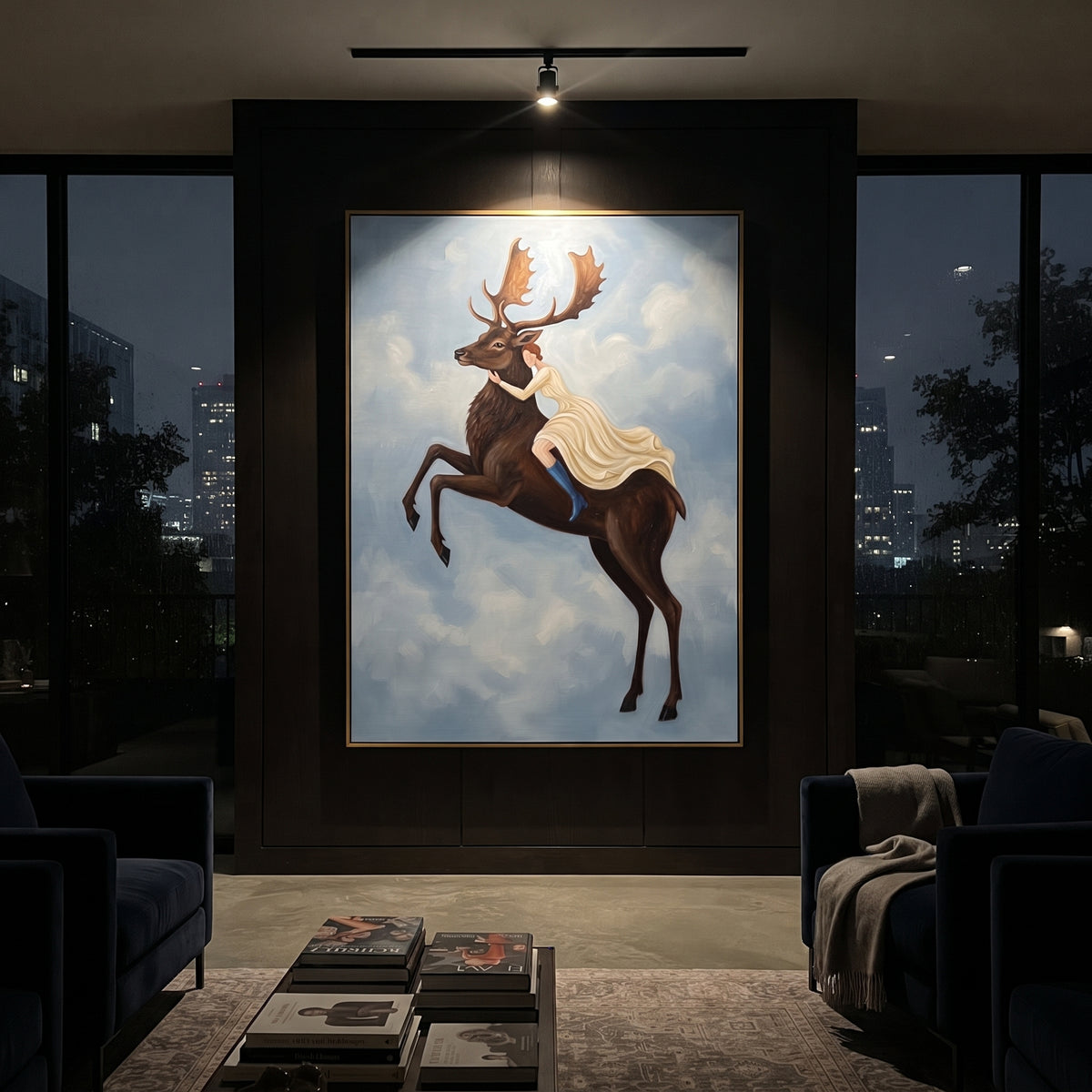 Open Soft Woman and Horse focuses on a quiet woman standing on a dark horse in a restrained field. The composition keeps the principal subject clearly separated from the painted field, so the eye can follow the specific gesture, silhouette, garment, fur, petal, ridge, or river visible in this artwork. Its color relationships move between orange, black, and beige, with lighter passages opening the focal area and deeper strokes giving the forms weight. Palette-knife edges, impasto ridges, broken
