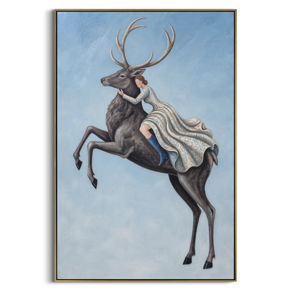 Wandering Soft Woman and Horse focuses on a quiet woman standing on a dark horse in a restrained field. The composition keeps the principal subject clearly separated from the painted field, so the eye can follow the specific gesture, silhouette, garment, fur, petal, ridge, or river visible in this artwork. Its color relationships move between blue, red, and white, with lighter passages opening the focal area and deeper strokes giving the forms weight. Palette-knife edges, impasto ridges, broken