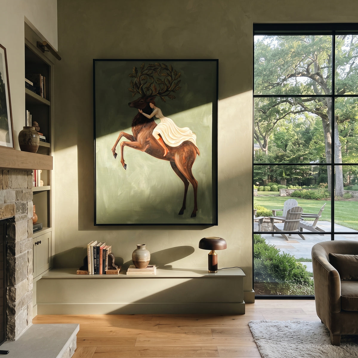 Reflective Soft Woman and Horse focuses on a quiet woman standing on a dark horse in a restrained field. The composition keeps the principal subject clearly separated from the painted field, so the eye can follow the specific gesture, silhouette, garment, fur, petal, ridge, or river visible in this artwork. Its color relationships move between green, grey, and pink, with lighter passages opening the focal area and deeper strokes giving the forms weight. Palette-knife edges, impasto ridges