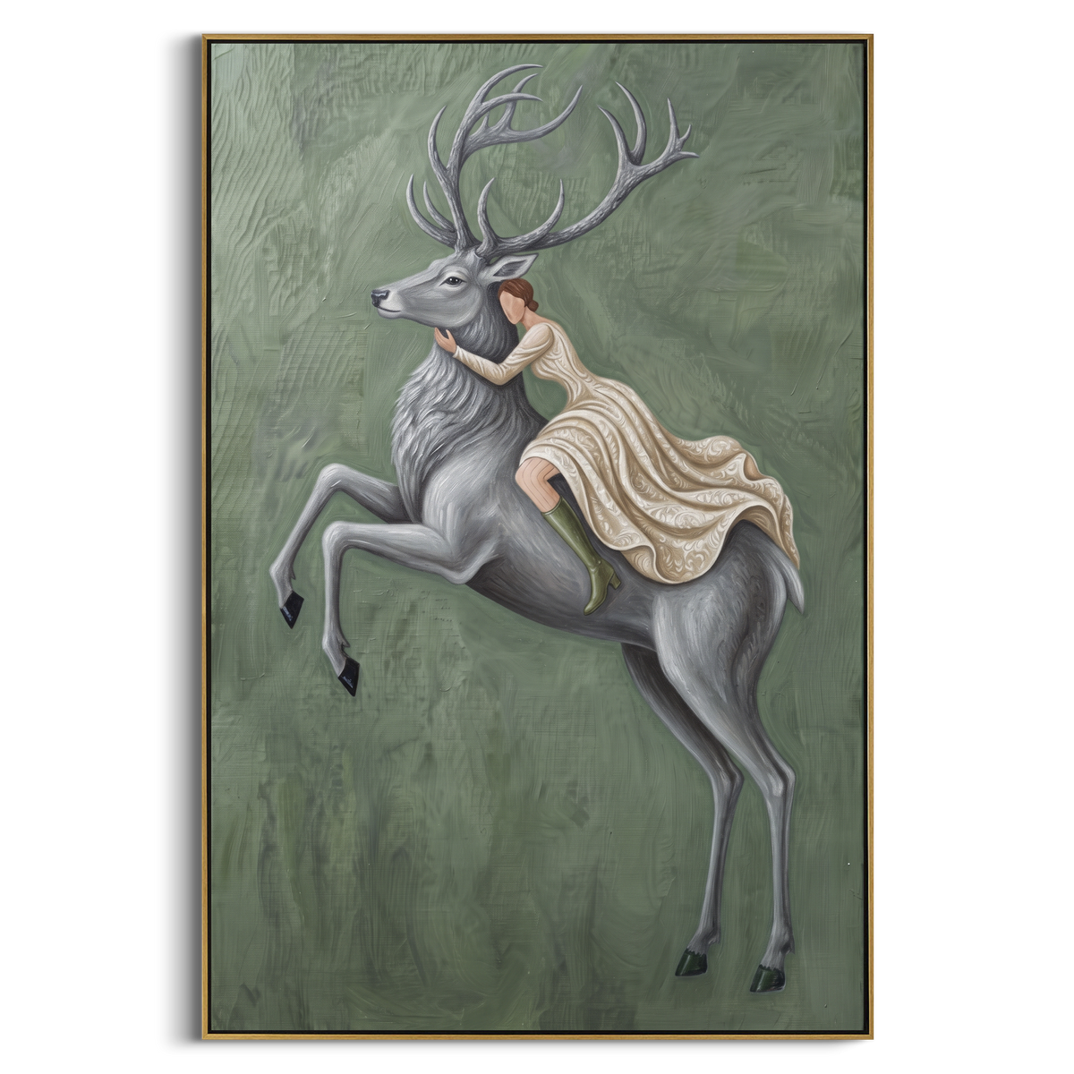 Midnight Soft Woman and Horse focuses on a quiet woman standing on a dark horse in a restrained field. The composition keeps the principal subject clearly separated from the painted field, so the eye can follow the specific gesture, silhouette, garment, fur, petal, ridge, or river visible in this artwork. Its color relationships move between beige, black, and blue, with lighter passages opening the focal area and deeper strokes giving the forms weight. Palette-knife edges, impasto ridges, broken