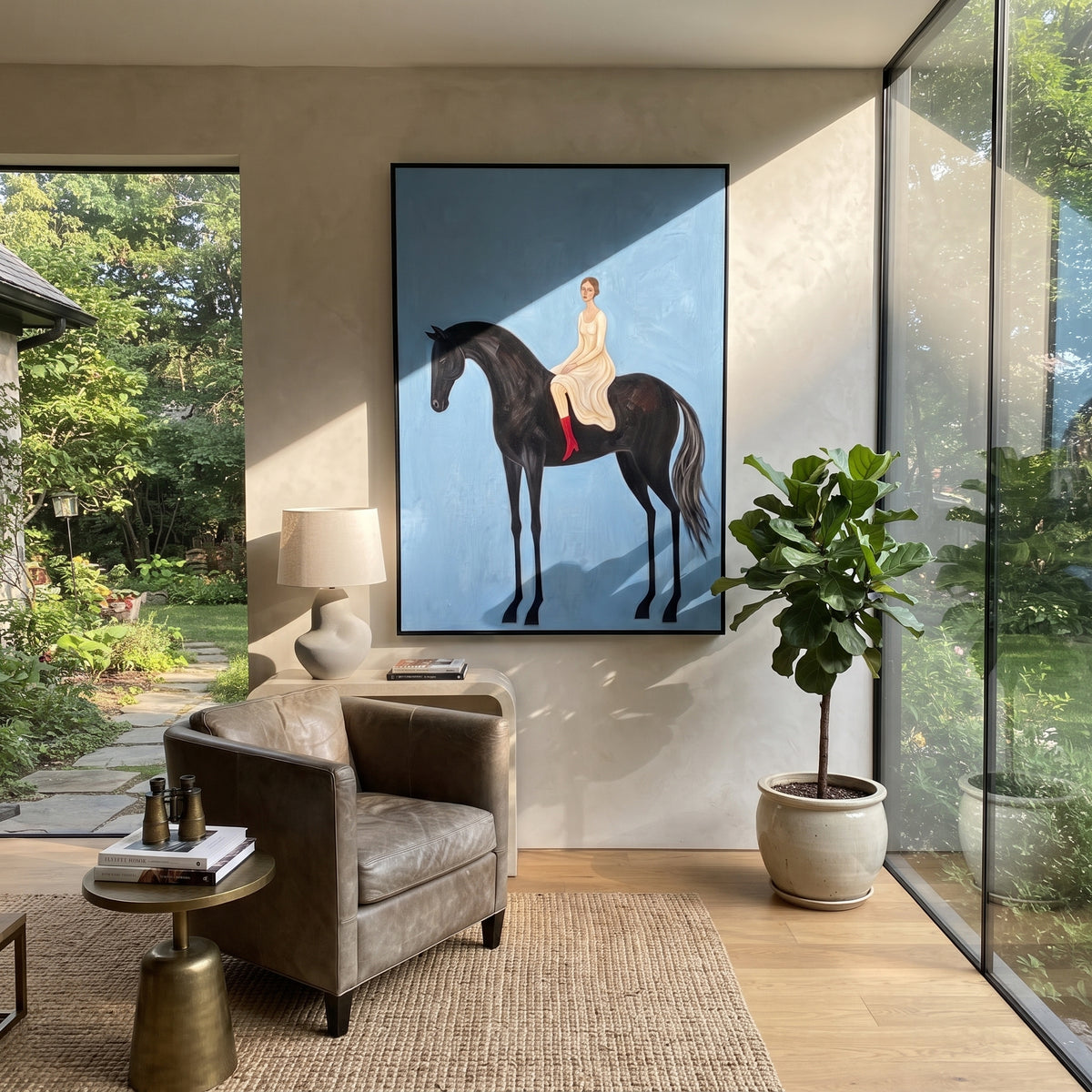 Tender Restful Woman and Horse focuses on a quiet woman standing on a dark horse in a restrained field. The composition keeps the principal subject clearly separated from the painted field, so the eye can follow the specific gesture, silhouette, garment, fur, petal, ridge, or river visible in this artwork. Its color relationships move between green, yellow, and beige, with lighter passages opening the focal area and deeper strokes giving the forms weight. Palette-knife edges, impasto ridges
