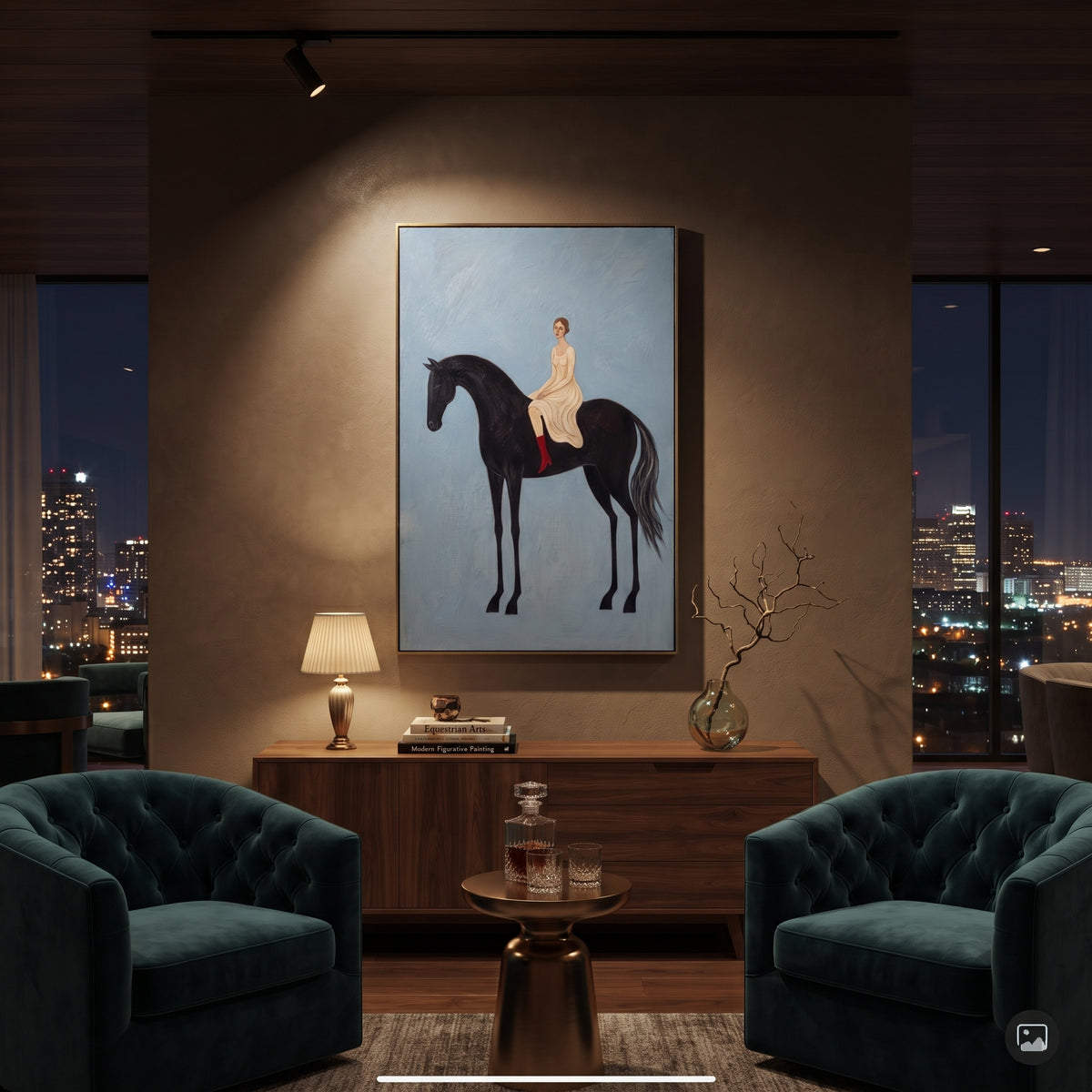 Tender Restful Woman and Horse focuses on a quiet woman standing on a dark horse in a restrained field. The composition keeps the principal subject clearly separated from the painted field, so the eye can follow the specific gesture, silhouette, garment, fur, petal, ridge, or river visible in this artwork. Its color relationships move between green, yellow, and beige, with lighter passages opening the focal area and deeper strokes giving the forms weight. Palette-knife edges, impasto ridges