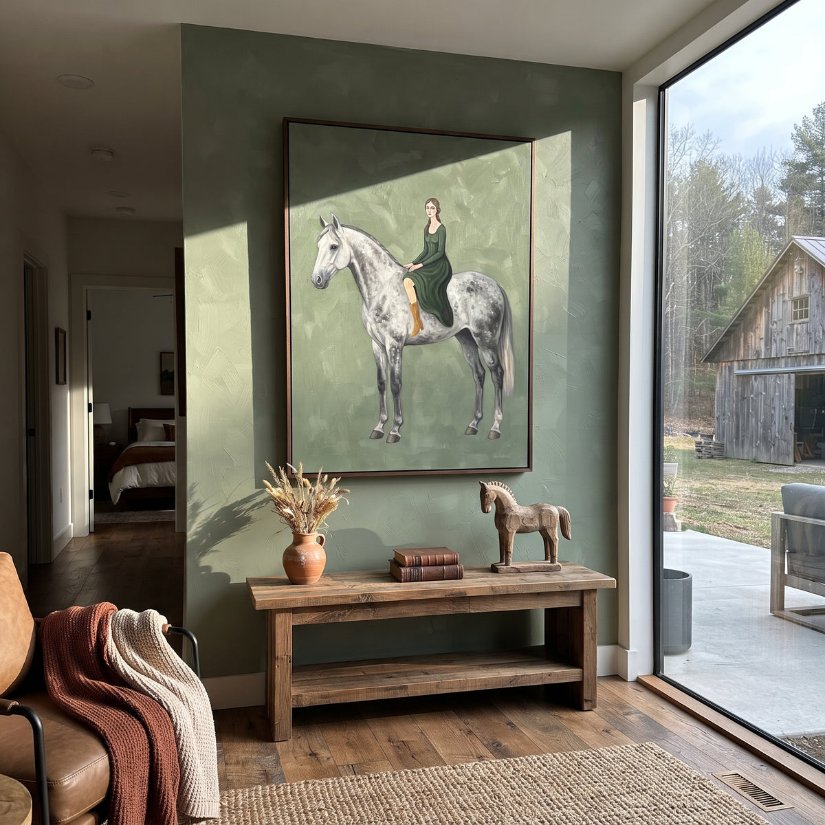 Cobalt Restful Woman and Horse focuses on a quiet woman standing on a dark horse in a restrained field. The composition keeps the principal subject clearly separated from the painted field, so the eye can follow the specific gesture, silhouette, garment, fur, petal, ridge, or river visible in this artwork. Its color relationships move between blue, grey, and white, with lighter passages opening the focal area and deeper strokes giving the forms weight. Palette-knife edges, impasto ridges, broken