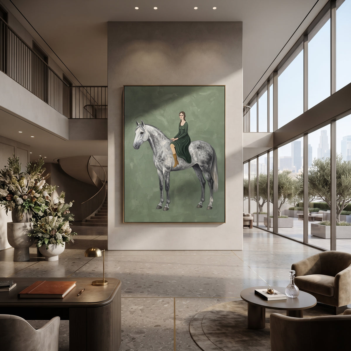 Cobalt Restful Woman and Horse focuses on a quiet woman standing on a dark horse in a restrained field. The composition keeps the principal subject clearly separated from the painted field, so the eye can follow the specific gesture, silhouette, garment, fur, petal, ridge, or river visible in this artwork. Its color relationships move between blue, grey, and white, with lighter passages opening the focal area and deeper strokes giving the forms weight. Palette-knife edges, impasto ridges, broken