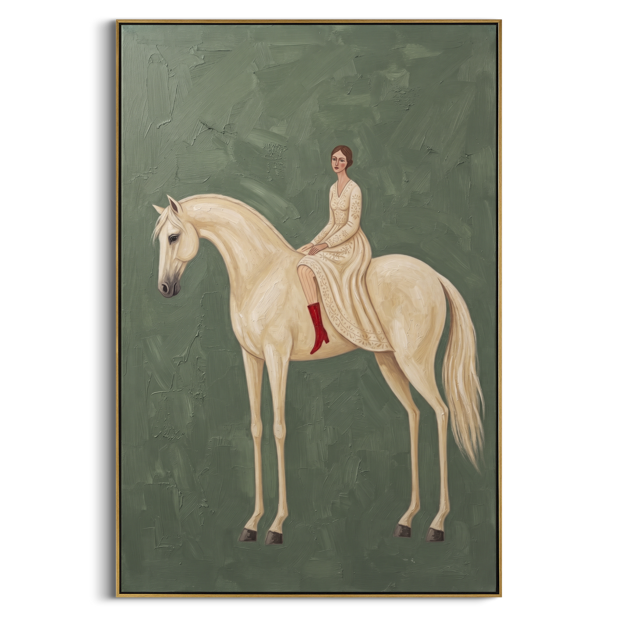 Mossy Restful Woman and Horse focuses on a quiet woman standing on a dark horse in a restrained field. The composition keeps the principal subject clearly separated from the painted field, so the eye can follow the specific gesture, silhouette, garment, fur, petal, ridge, or river visible in this artwork. Its color relationships move between green, brown, and yellow, with lighter passages opening the focal area and deeper strokes giving the forms weight. Palette-knife edges, impasto ridges