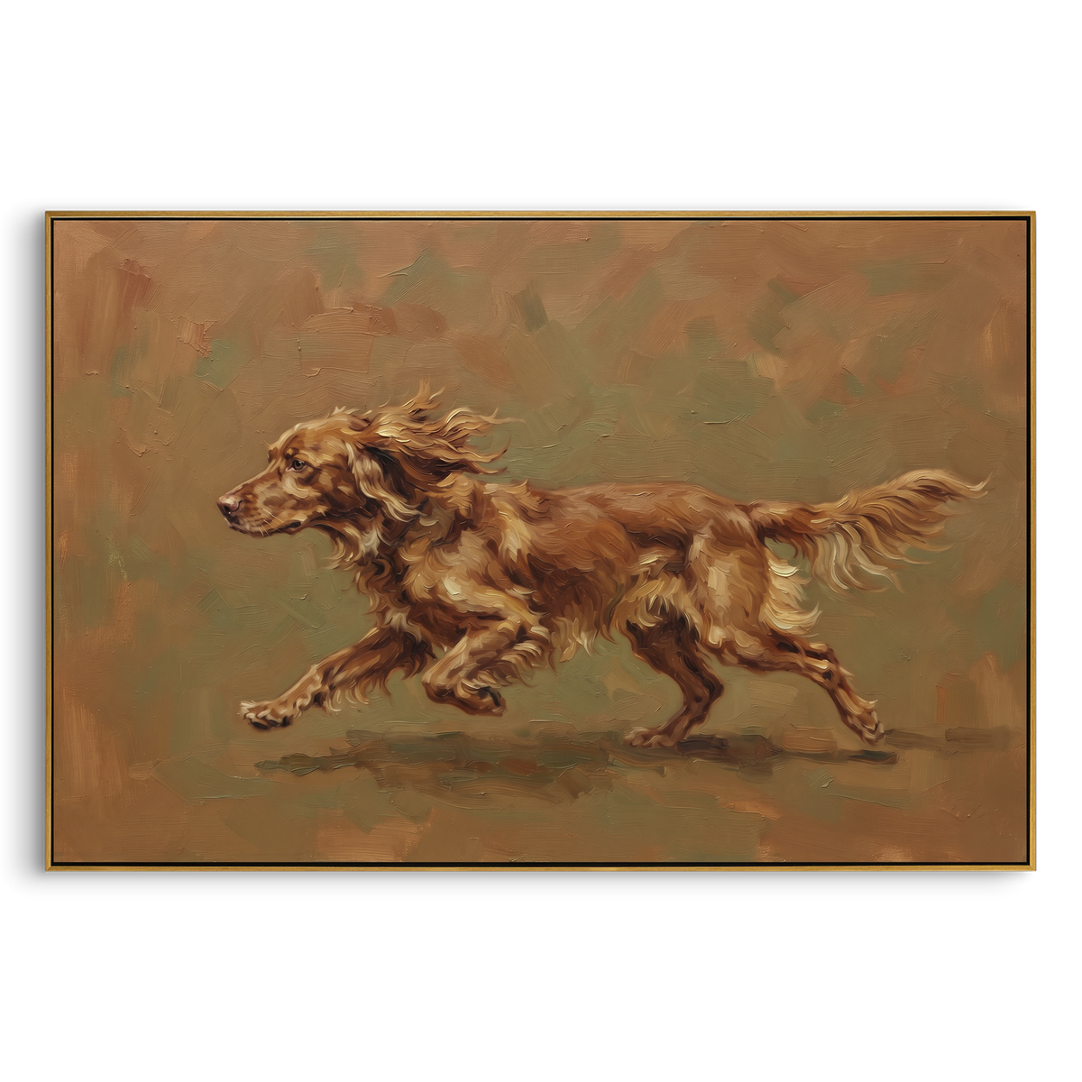 Soft Restful Running Spaniel focuses on a lively spaniel captured mid-stride with a lifted tail. The composition keeps the principal subject clearly separated from the painted field, so the eye can follow the specific gesture, silhouette, garment, fur, petal, ridge, or river visible in this artwork. Its color relationships move between blue, red, and white, with lighter passages opening the focal area and deeper strokes giving the forms weight. Palette-knife edges, impasto ridges, broken brush