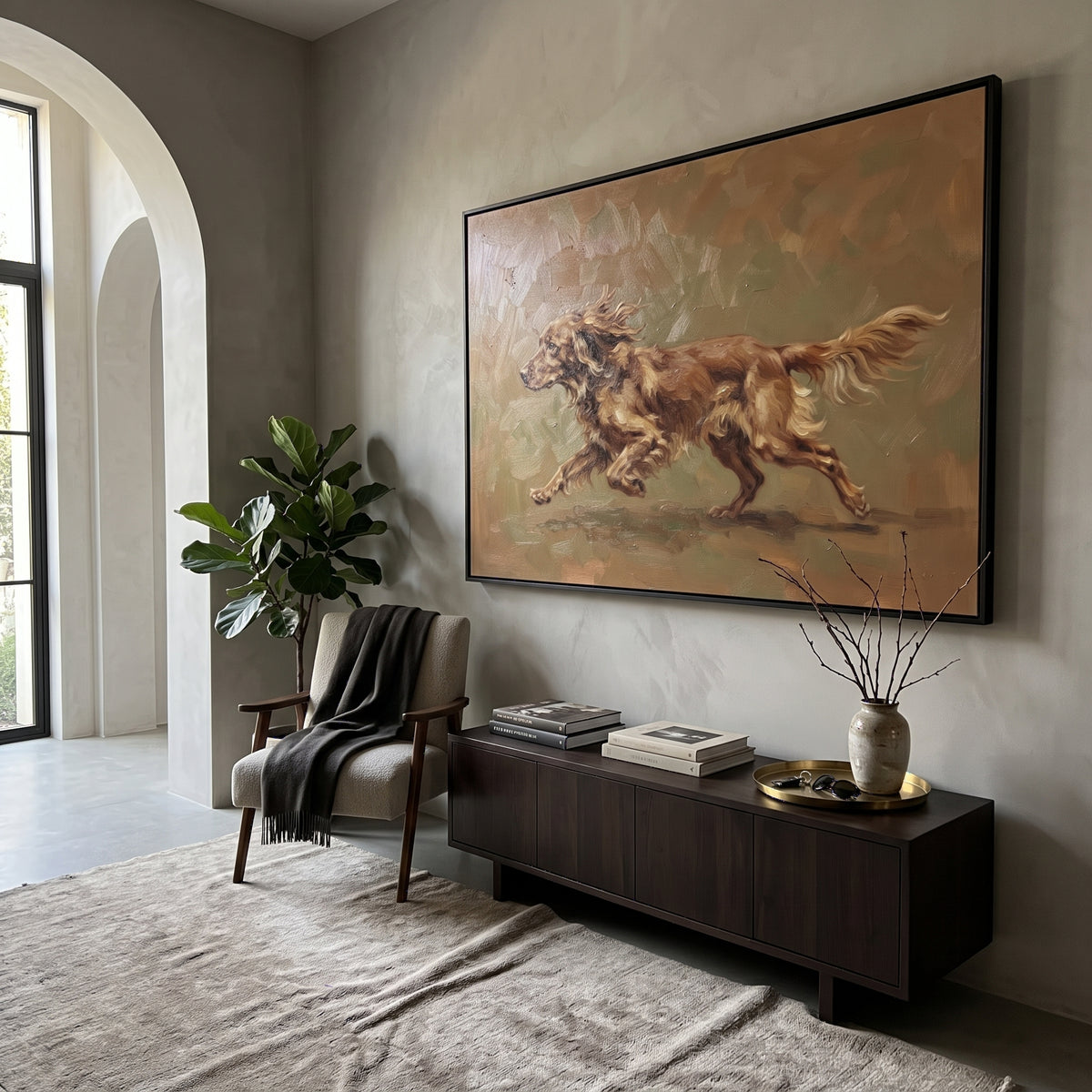 Soft Restful Running Spaniel focuses on a lively spaniel captured mid-stride with a lifted tail. The composition keeps the principal subject clearly separated from the painted field, so the eye can follow the specific gesture, silhouette, garment, fur, petal, ridge, or river visible in this artwork. Its color relationships move between blue, red, and white, with lighter passages opening the focal area and deeper strokes giving the forms weight. Palette-knife edges, impasto ridges, broken brush