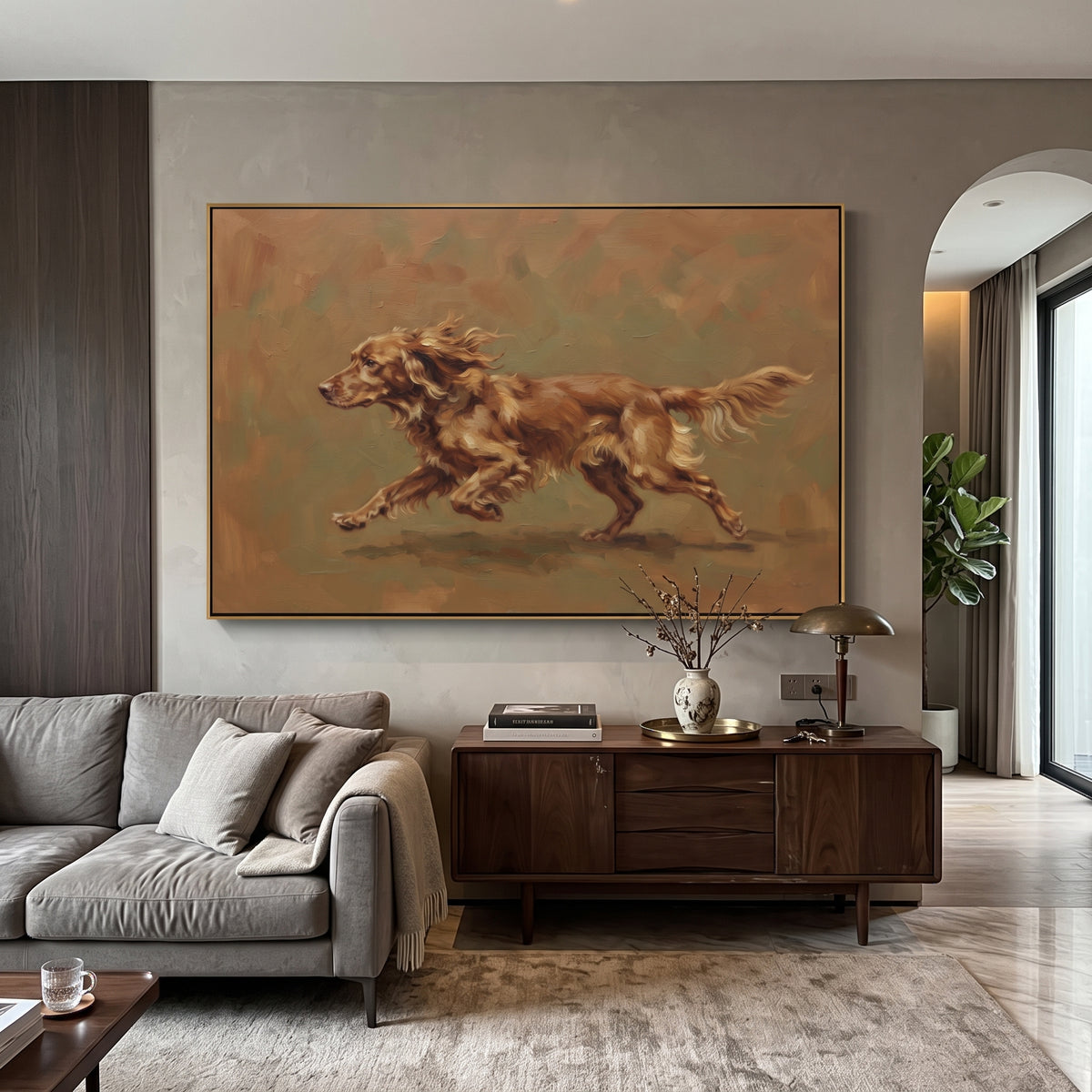Soft Restful Running Spaniel focuses on a lively spaniel captured mid-stride with a lifted tail. The composition keeps the principal subject clearly separated from the painted field, so the eye can follow the specific gesture, silhouette, garment, fur, petal, ridge, or river visible in this artwork. Its color relationships move between blue, red, and white, with lighter passages opening the focal area and deeper strokes giving the forms weight. Palette-knife edges, impasto ridges, broken brush