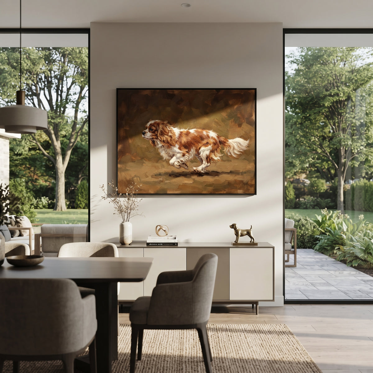 Playful Restful Running Spaniel focuses on a lively spaniel captured mid-stride with a lifted tail. The composition keeps the principal subject clearly separated from the painted field, so the eye can follow the specific gesture, silhouette, garment, fur, petal, ridge, or river visible in this artwork. Its color relationships move between beige, black, and blue, with lighter passages opening the focal area and deeper strokes giving the forms weight. Palette-knife edges, impasto ridges, broken