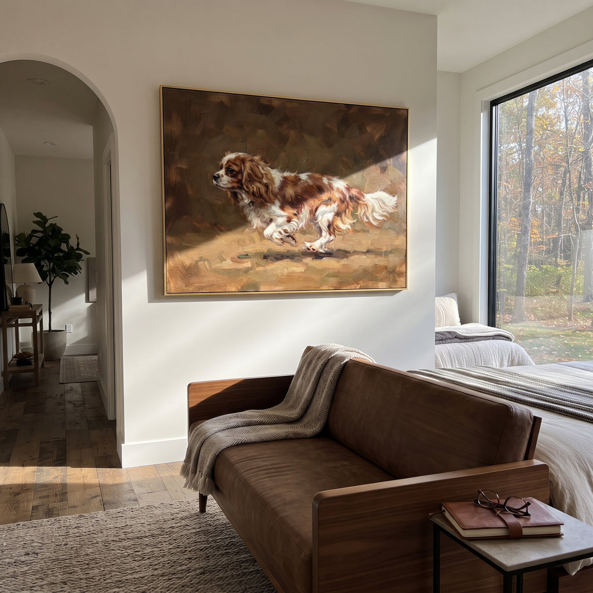 Playful Restful Running Spaniel focuses on a lively spaniel captured mid-stride with a lifted tail. The composition keeps the principal subject clearly separated from the painted field, so the eye can follow the specific gesture, silhouette, garment, fur, petal, ridge, or river visible in this artwork. Its color relationships move between beige, black, and blue, with lighter passages opening the focal area and deeper strokes giving the forms weight. Palette-knife edges, impasto ridges, broken