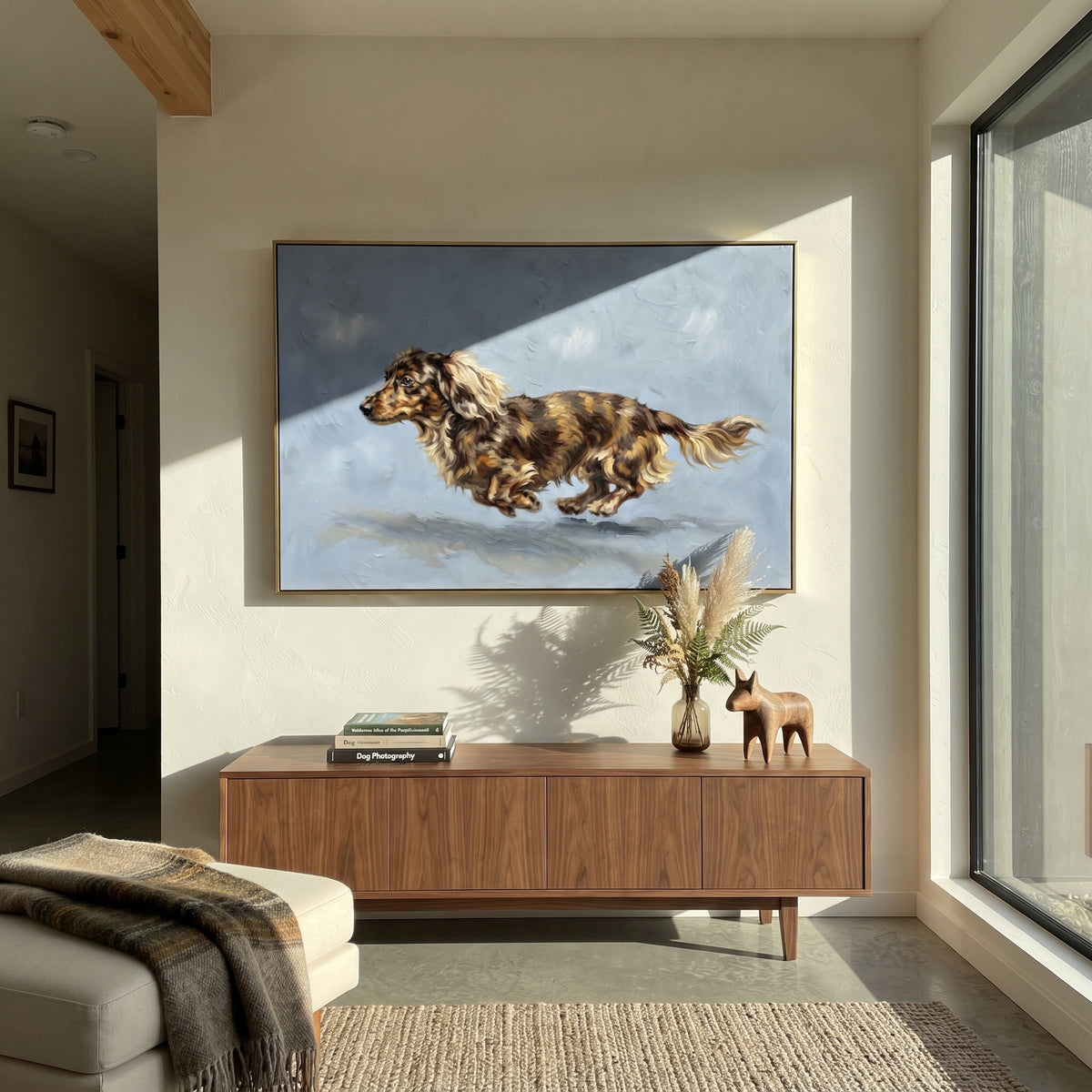 Distant Restful Running Spaniel focuses on a lively spaniel captured mid-stride with a lifted tail. The composition keeps the principal subject clearly separated from the painted field, so the eye can follow the specific gesture, silhouette, garment, fur, petal, ridge, or river visible in this artwork. Its color relationships move between purple, green, and white, with lighter passages opening the focal area and deeper strokes giving the forms weight. Palette-knife edges, impasto ridges, broken