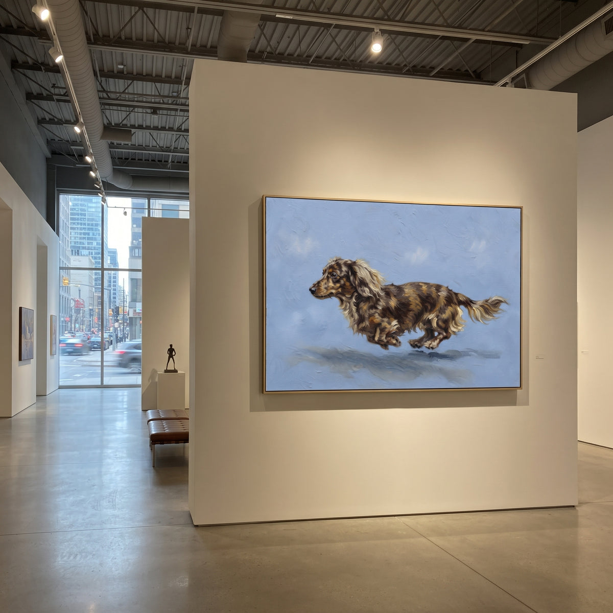 Distant Restful Running Spaniel focuses on a lively spaniel captured mid-stride with a lifted tail. The composition keeps the principal subject clearly separated from the painted field, so the eye can follow the specific gesture, silhouette, garment, fur, petal, ridge, or river visible in this artwork. Its color relationships move between purple, green, and white, with lighter passages opening the focal area and deeper strokes giving the forms weight. Palette-knife edges, impasto ridges, broken