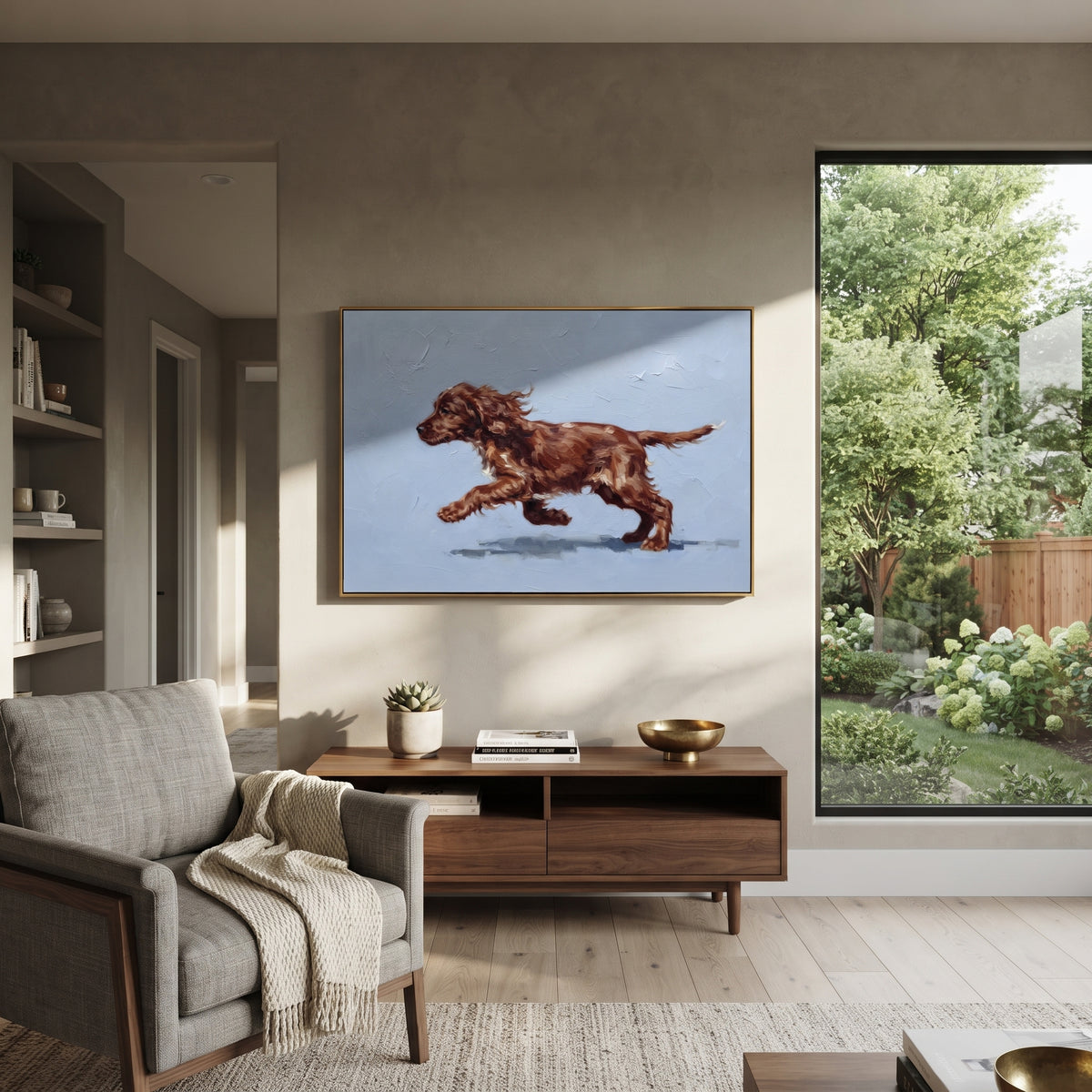 Gathered Restful Running Spaniel focuses on a lively spaniel captured mid-stride with a lifted tail. The composition keeps the principal subject clearly separated from the painted field, so the eye can follow the specific gesture, silhouette, garment, fur, petal, ridge, or river visible in this artwork. Its color relationships move between blue, beige, and brown, with lighter passages opening the focal area and deeper strokes giving the forms weight. Palette-knife edges, impasto ridges, broken