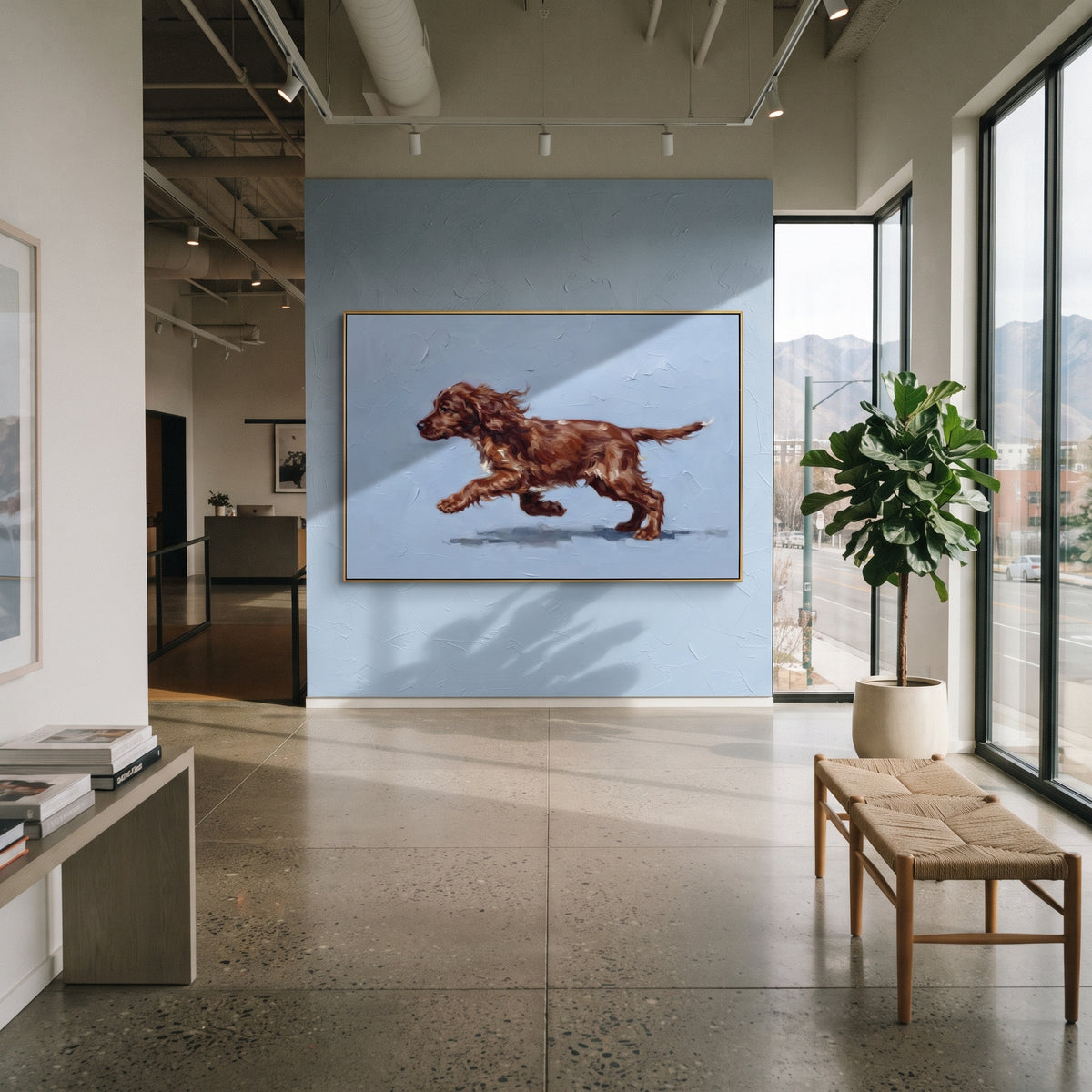 Gathered Restful Running Spaniel focuses on a lively spaniel captured mid-stride with a lifted tail. The composition keeps the principal subject clearly separated from the painted field, so the eye can follow the specific gesture, silhouette, garment, fur, petal, ridge, or river visible in this artwork. Its color relationships move between blue, beige, and brown, with lighter passages opening the focal area and deeper strokes giving the forms weight. Palette-knife edges, impasto ridges, broken