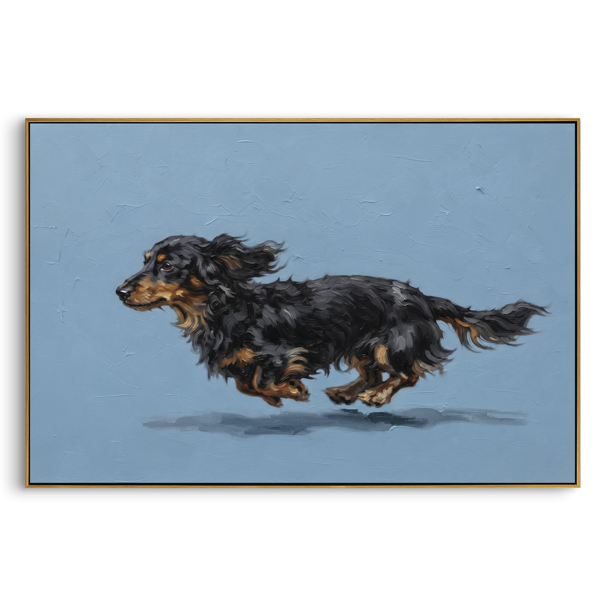 River Restful Running Spaniel focuses on a lively spaniel captured mid-stride with a lifted tail. The composition keeps the principal subject clearly separated from the painted field, so the eye can follow the specific gesture, silhouette, garment, fur, petal, ridge, or river visible in this artwork. Its color relationships move between orange, pink, and green, with lighter passages opening the focal area and deeper strokes giving the forms weight. Palette-knife edges, impasto ridges, broken