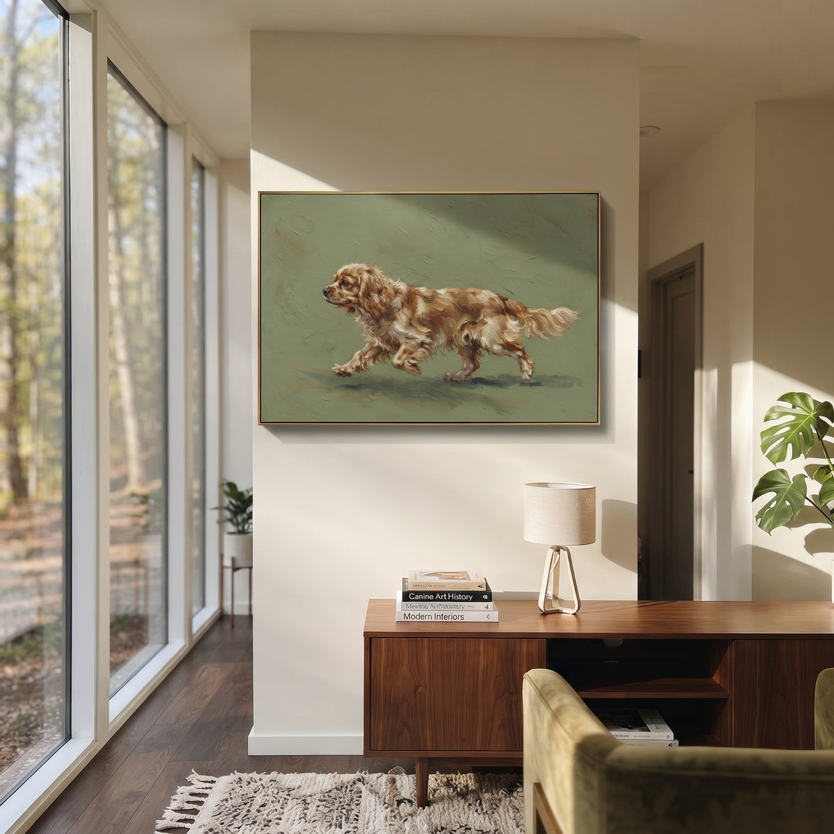 Warm Restful Running Spaniel focuses on a lively spaniel captured mid-stride with a lifted tail. The composition keeps the principal subject clearly separated from the painted field, so the eye can follow the specific gesture, silhouette, garment, fur, petal, ridge, or river visible in this artwork. Its color relationships move between green, yellow, and beige, with lighter passages opening the focal area and deeper strokes giving the forms weight. Palette-knife edges, impasto ridges, broken