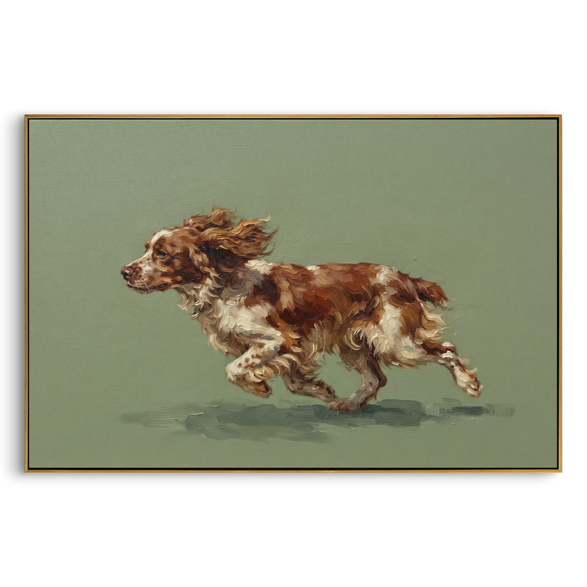 Still Restful Running Spaniel focuses on a lively spaniel captured mid-stride with a lifted tail. The composition keeps the principal subject clearly separated from the painted field, so the eye can follow the specific gesture, silhouette, garment, fur, petal, ridge, or river visible in this artwork. Its color relationships move between blue, grey, and white, with lighter passages opening the focal area and deeper strokes giving the forms weight. Palette-knife edges, impasto ridges, broken brush