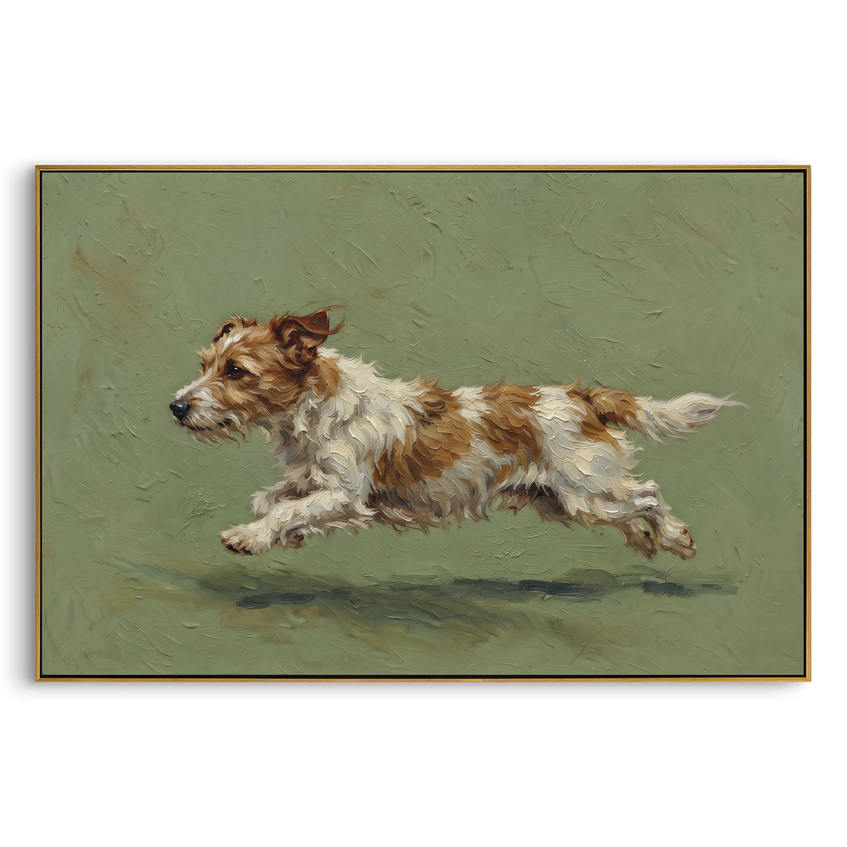 Gentle Restful Running Spaniel focuses on a lively spaniel captured mid-stride with a lifted tail. The composition keeps the principal subject clearly separated from the painted field, so the eye can follow the specific gesture, silhouette, garment, fur, petal, ridge, or river visible in this artwork. Its color relationships move between green, brown, and yellow, with lighter passages opening the focal area and deeper strokes giving the forms weight. Palette-knife edges, impasto ridges, broken
