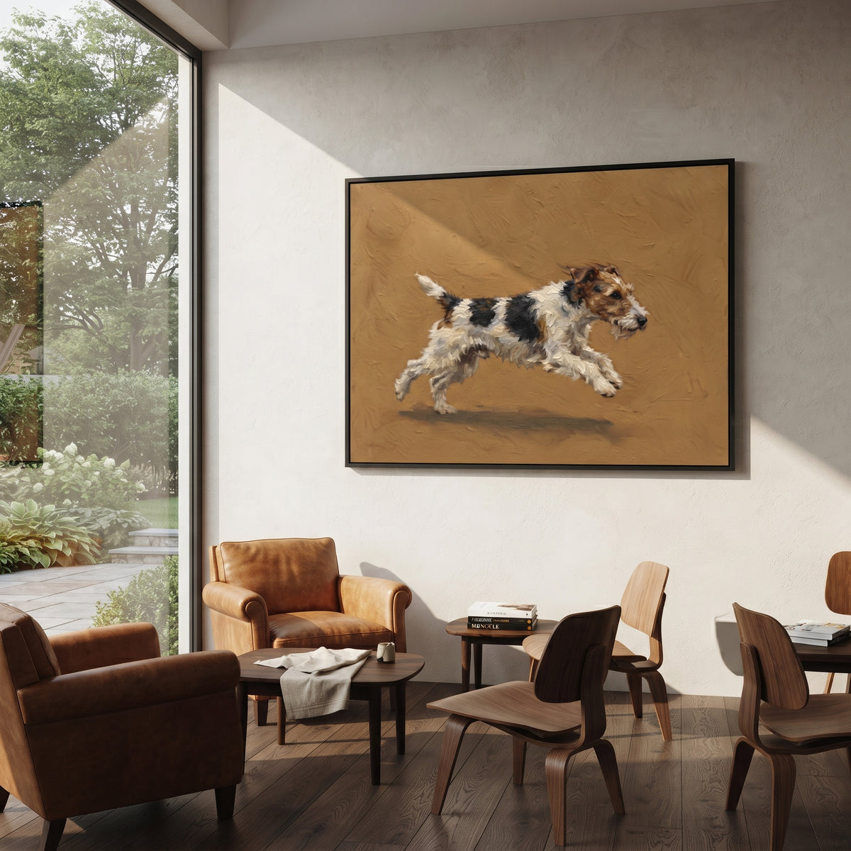 Open Restful Running Spaniel focuses on a lively spaniel captured mid-stride with a lifted tail. The composition keeps the principal subject clearly separated from the painted field, so the eye can follow the specific gesture, silhouette, garment, fur, petal, ridge, or river visible in this artwork. Its color relationships move between orange, black, and beige, with lighter passages opening the focal area and deeper strokes giving the forms weight. Palette-knife edges, impasto ridges, broken