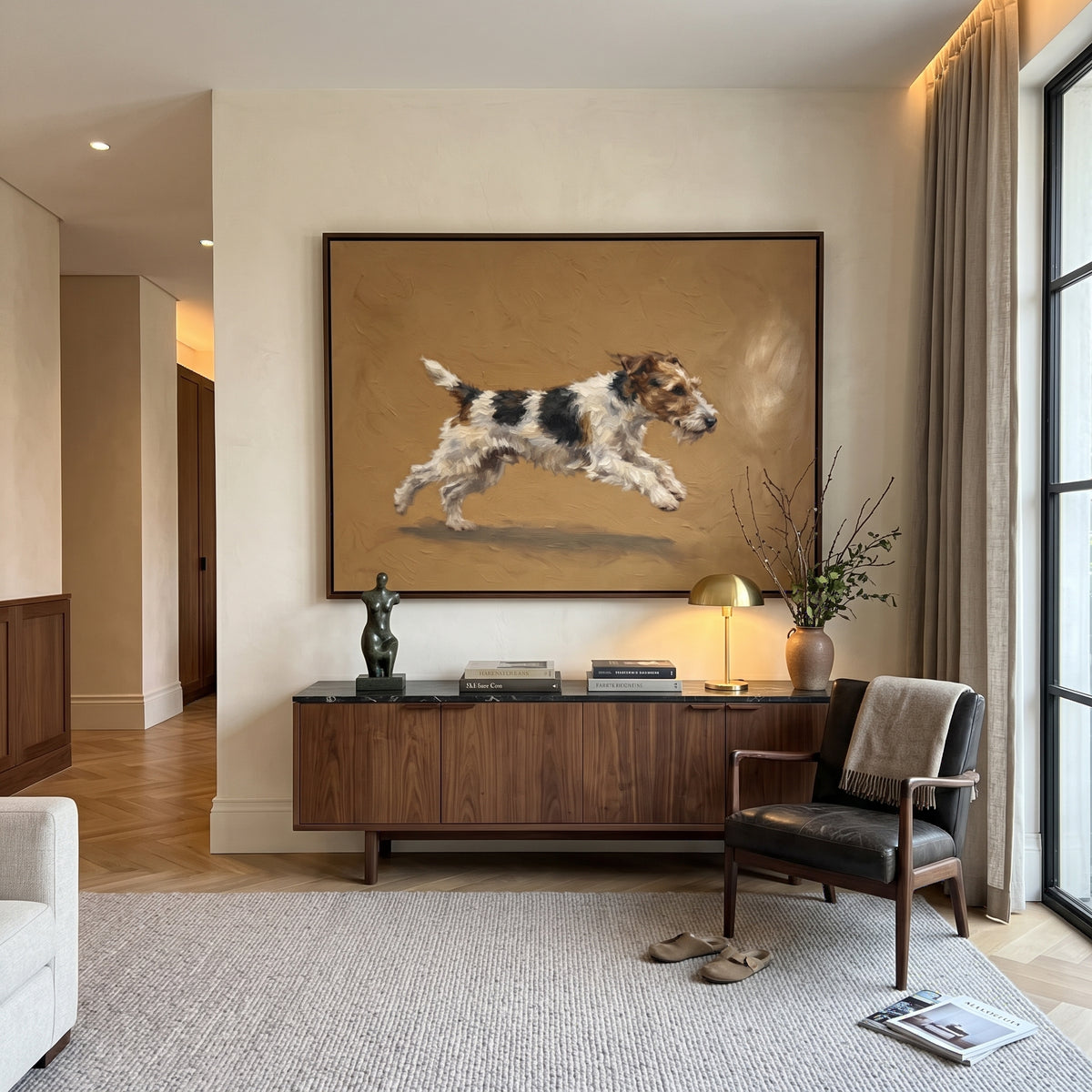 Open Restful Running Spaniel focuses on a lively spaniel captured mid-stride with a lifted tail. The composition keeps the principal subject clearly separated from the painted field, so the eye can follow the specific gesture, silhouette, garment, fur, petal, ridge, or river visible in this artwork. Its color relationships move between orange, black, and beige, with lighter passages opening the focal area and deeper strokes giving the forms weight. Palette-knife edges, impasto ridges, broken