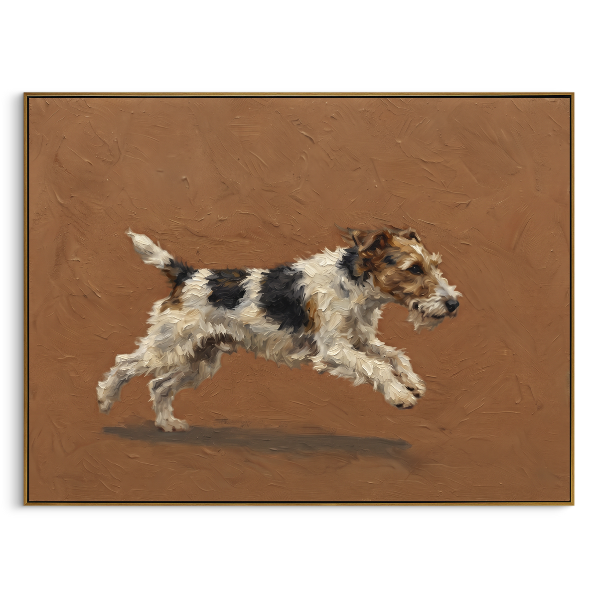 Wandering Restful Running Spaniel focuses on a lively spaniel captured mid-stride with a lifted tail. The composition keeps the principal subject clearly separated from the painted field, so the eye can follow the specific gesture, silhouette, garment, fur, petal, ridge, or river visible in this artwork. Its color relationships move between blue, red, and white, with lighter passages opening the focal area and deeper strokes giving the forms weight. Palette-knife edges, impasto ridges, broken