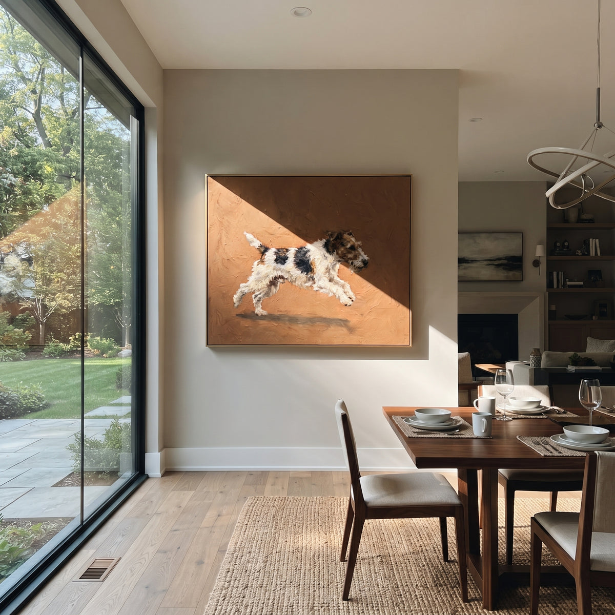 Wandering Restful Running Spaniel focuses on a lively spaniel captured mid-stride with a lifted tail. The composition keeps the principal subject clearly separated from the painted field, so the eye can follow the specific gesture, silhouette, garment, fur, petal, ridge, or river visible in this artwork. Its color relationships move between blue, red, and white, with lighter passages opening the focal area and deeper strokes giving the forms weight. Palette-knife edges, impasto ridges, broken