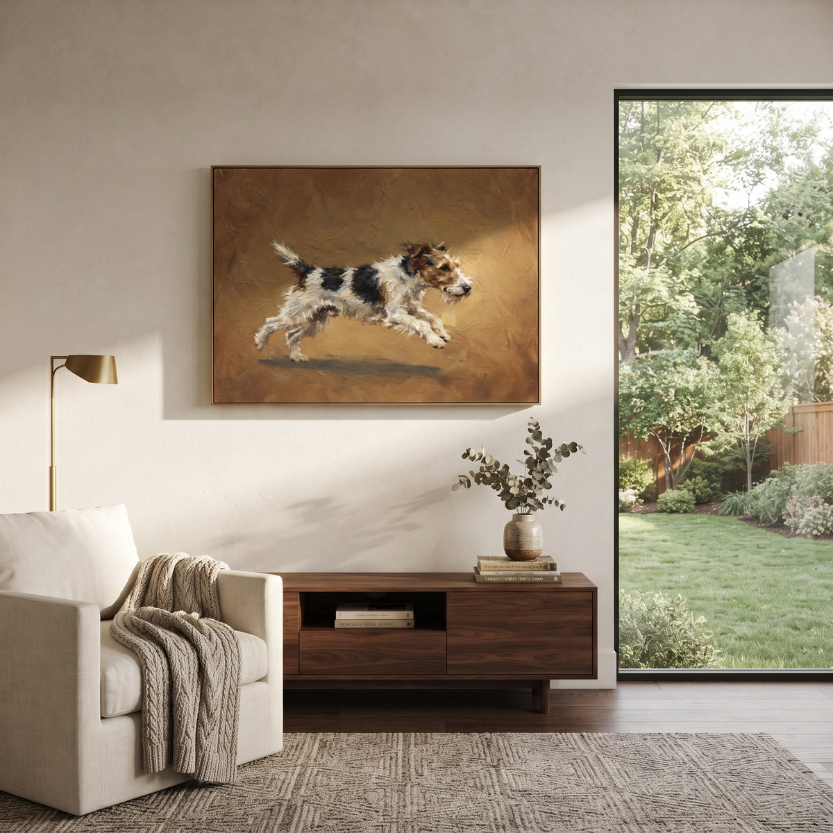 Reflective Restful Running Spaniel focuses on a lively spaniel captured mid-stride with a lifted tail. The composition keeps the principal subject clearly separated from the painted field, so the eye can follow the specific gesture, silhouette, garment, fur, petal, ridge, or river visible in this artwork. Its color relationships move between green, grey, and pink, with lighter passages opening the focal area and deeper strokes giving the forms weight. Palette-knife edges, impasto ridges, broken