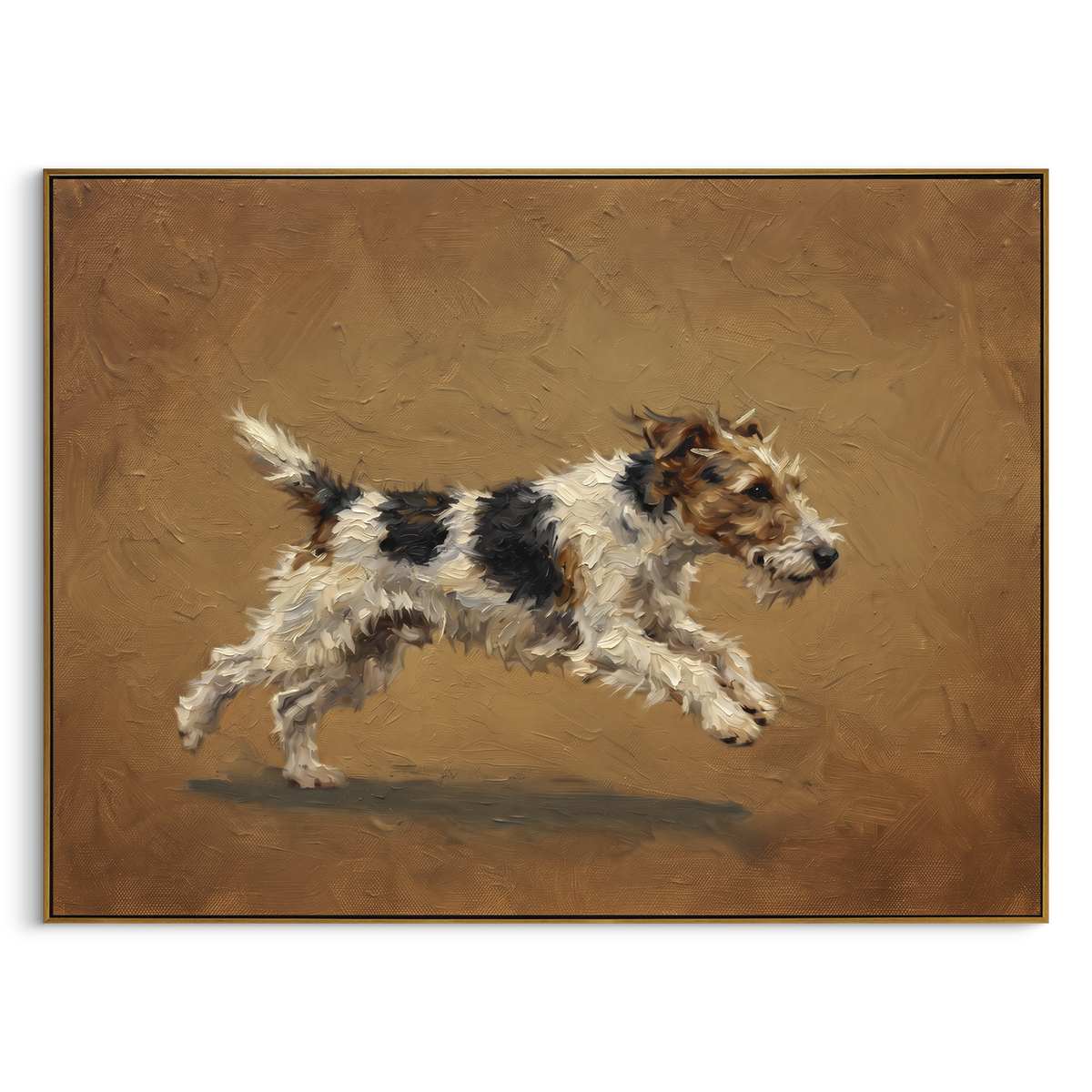 Reflective Restful Running Spaniel focuses on a lively spaniel captured mid-stride with a lifted tail. The composition keeps the principal subject clearly separated from the painted field, so the eye can follow the specific gesture, silhouette, garment, fur, petal, ridge, or river visible in this artwork. Its color relationships move between green, grey, and pink, with lighter passages opening the focal area and deeper strokes giving the forms weight. Palette-knife edges, impasto ridges, broken