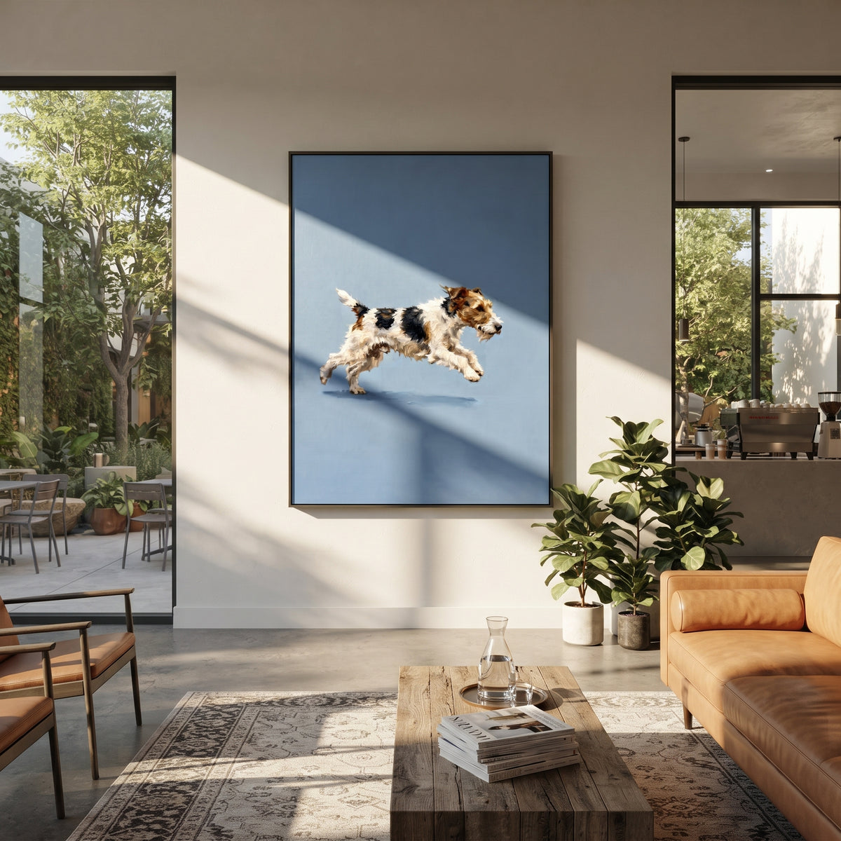Midnight Restful Running Spaniel focuses on a lively spaniel captured mid-stride with a lifted tail. The composition keeps the principal subject clearly separated from the painted field, so the eye can follow the specific gesture, silhouette, garment, fur, petal, ridge, or river visible in this artwork. Its color relationships move between beige, black, and blue, with lighter passages opening the focal area and deeper strokes giving the forms weight. Palette-knife edges, impasto ridges, broken