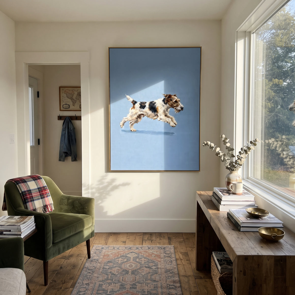Midnight Restful Running Spaniel focuses on a lively spaniel captured mid-stride with a lifted tail. The composition keeps the principal subject clearly separated from the painted field, so the eye can follow the specific gesture, silhouette, garment, fur, petal, ridge, or river visible in this artwork. Its color relationships move between beige, black, and blue, with lighter passages opening the focal area and deeper strokes giving the forms weight. Palette-knife edges, impasto ridges, broken
