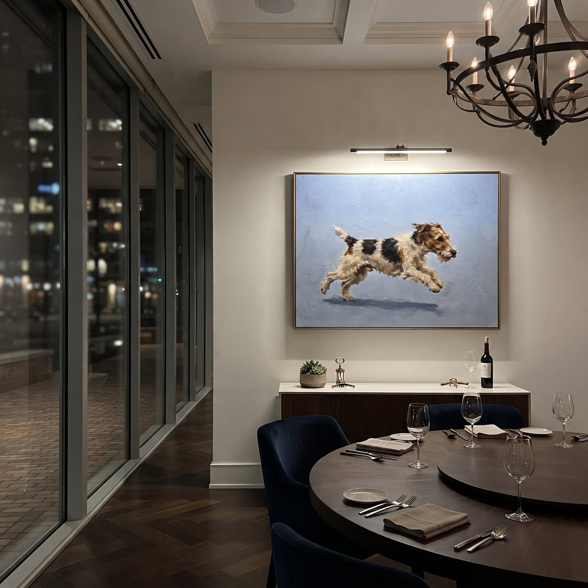 Storybook Restful Running Spaniel focuses on a lively spaniel captured mid-stride with a lifted tail. The composition keeps the principal subject clearly separated from the painted field, so the eye can follow the specific gesture, silhouette, garment, fur, petal, ridge, or river visible in this artwork. Its color relationships move between purple, green, and white, with lighter passages opening the focal area and deeper strokes giving the forms weight. Palette-knife edges, impasto ridges