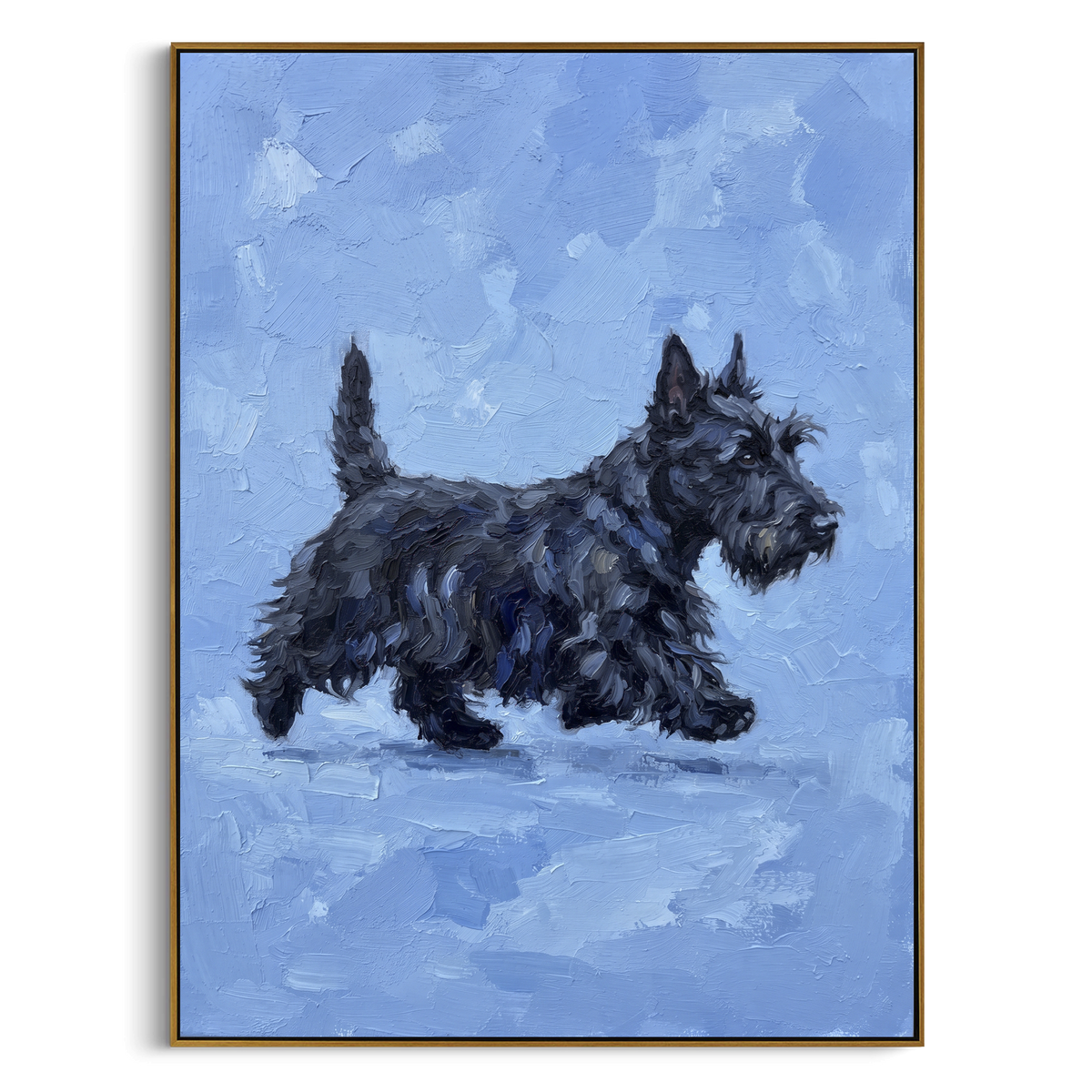 Quiet Playful Running Spaniel focuses on a lively spaniel captured mid-stride with a lifted tail. The composition keeps the principal subject clearly separated from the painted field, so the eye can follow the specific gesture, silhouette, garment, fur, petal, ridge, or river visible in this artwork. Its color relationships move between blue, beige, and brown, with lighter passages opening the focal area and deeper strokes giving the forms weight. Palette-knife edges, impasto ridges, broken