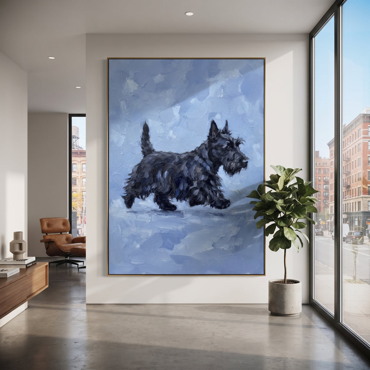 Quiet Playful Running Spaniel focuses on a lively spaniel captured mid-stride with a lifted tail. The composition keeps the principal subject clearly separated from the painted field, so the eye can follow the specific gesture, silhouette, garment, fur, petal, ridge, or river visible in this artwork. Its color relationships move between blue, beige, and brown, with lighter passages opening the focal area and deeper strokes giving the forms weight. Palette-knife edges, impasto ridges, broken