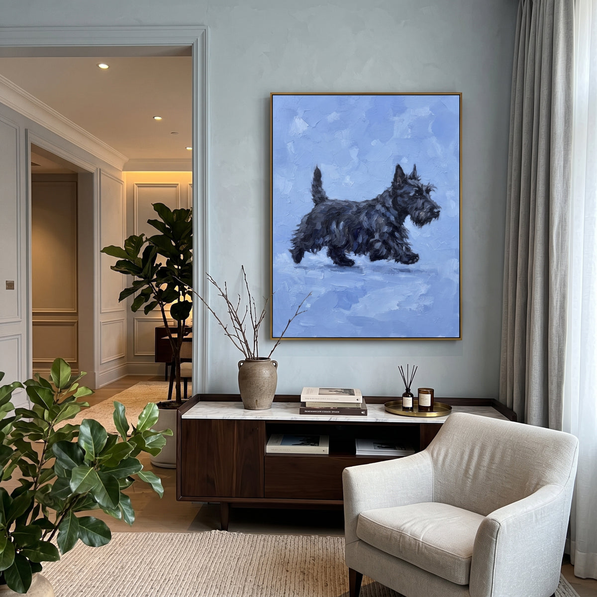 Quiet Playful Running Spaniel focuses on a lively spaniel captured mid-stride with a lifted tail. The composition keeps the principal subject clearly separated from the painted field, so the eye can follow the specific gesture, silhouette, garment, fur, petal, ridge, or river visible in this artwork. Its color relationships move between blue, beige, and brown, with lighter passages opening the focal area and deeper strokes giving the forms weight. Palette-knife edges, impasto ridges, broken
