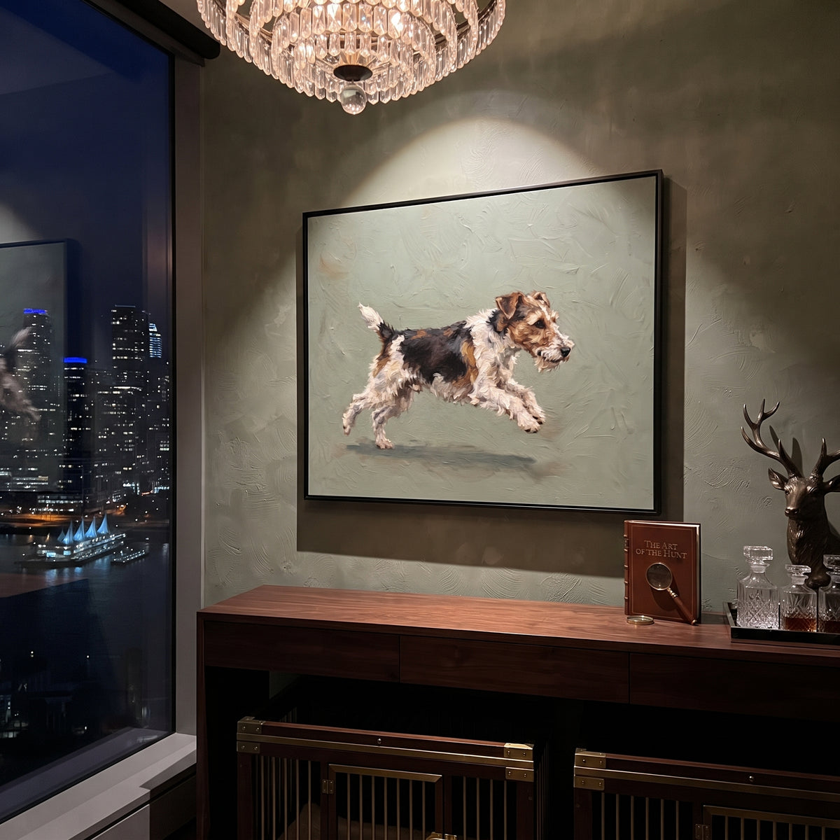 Luminous Playful Running Spaniel focuses on a lively spaniel captured mid-stride with a lifted tail. The composition keeps the principal subject clearly separated from the painted field, so the eye can follow the specific gesture, silhouette, garment, fur, petal, ridge, or river visible in this artwork. Its color relationships move between orange, pink, and green, with lighter passages opening the focal area and deeper strokes giving the forms weight. Palette-knife edges, impasto ridges, broken
