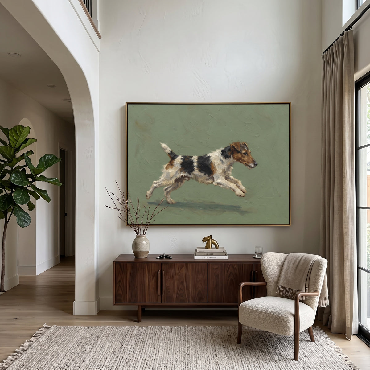Tender Playful Running Spaniel focuses on a lively spaniel captured mid-stride with a lifted tail. The composition keeps the principal subject clearly separated from the painted field, so the eye can follow the specific gesture, silhouette, garment, fur, petal, ridge, or river visible in this artwork. Its color relationships move between green, yellow, and beige, with lighter passages opening the focal area and deeper strokes giving the forms weight. Palette-knife edges, impasto ridges, broken