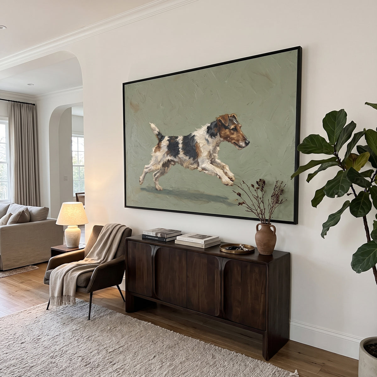 Tender Playful Running Spaniel focuses on a lively spaniel captured mid-stride with a lifted tail. The composition keeps the principal subject clearly separated from the painted field, so the eye can follow the specific gesture, silhouette, garment, fur, petal, ridge, or river visible in this artwork. Its color relationships move between green, yellow, and beige, with lighter passages opening the focal area and deeper strokes giving the forms weight. Palette-knife edges, impasto ridges, broken