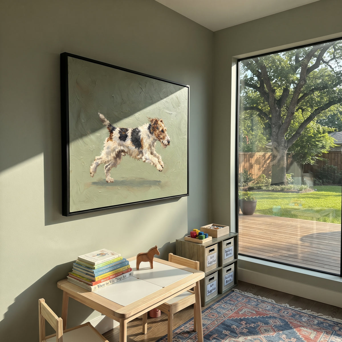 Cobalt Playful Running Spaniel focuses on a lively spaniel captured mid-stride with a lifted tail. The composition keeps the principal subject clearly separated from the painted field, so the eye can follow the specific gesture, silhouette, garment, fur, petal, ridge, or river visible in this artwork. Its color relationships move between blue, grey, and white, with lighter passages opening the focal area and deeper strokes giving the forms weight. Palette-knife edges, impasto ridges, broken