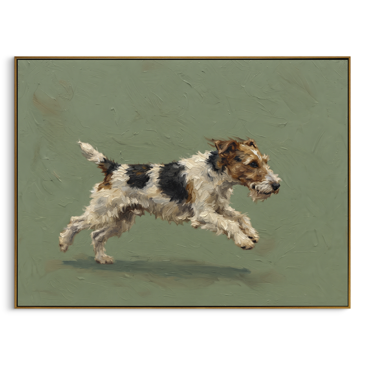 Cobalt Playful Running Spaniel focuses on a lively spaniel captured mid-stride with a lifted tail. The composition keeps the principal subject clearly separated from the painted field, so the eye can follow the specific gesture, silhouette, garment, fur, petal, ridge, or river visible in this artwork. Its color relationships move between blue, grey, and white, with lighter passages opening the focal area and deeper strokes giving the forms weight. Palette-knife edges, impasto ridges, broken